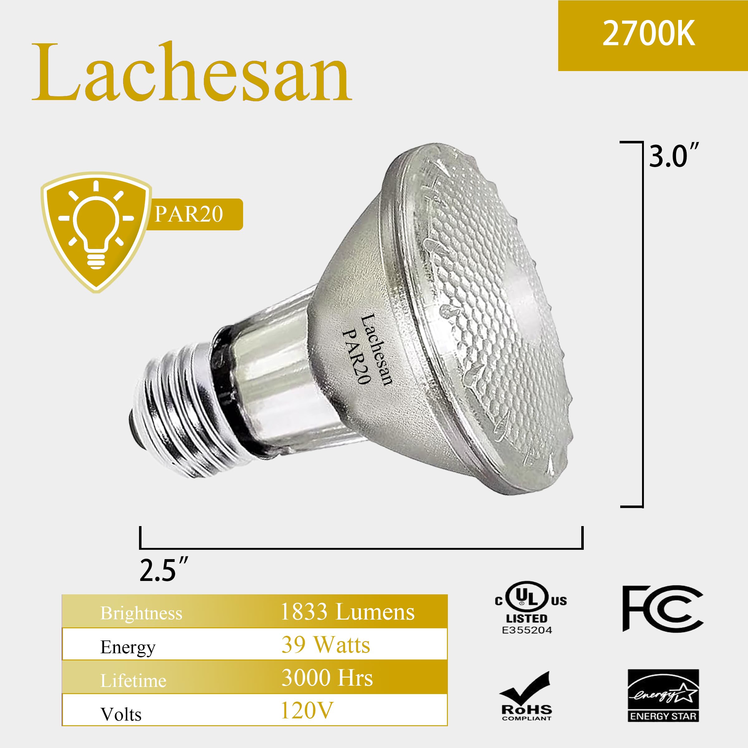 Lachesan PAR20 Flood Light Bulbs, 39W Dimmable E26 Base, 480 Lumens, 2800K Warm White, 6 Pcs for Indoor Spotlight & Range