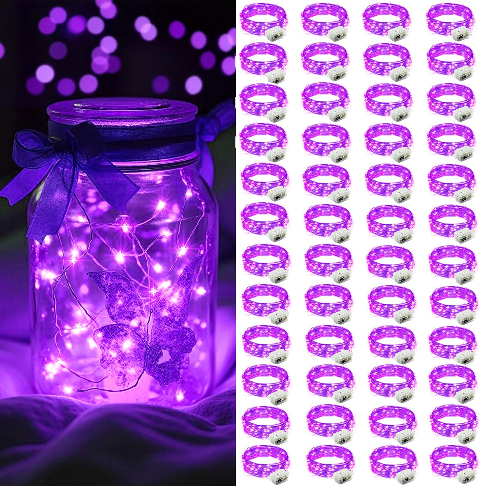 AIKEI 48 Pack LED Fairy Lights Battery Operated  Mini String Lights Waterproof 7 Feet 20 Led Firefly Starry Lamps for Wedding Party Bedroom Garden Halloween Christmas Decoration Purple