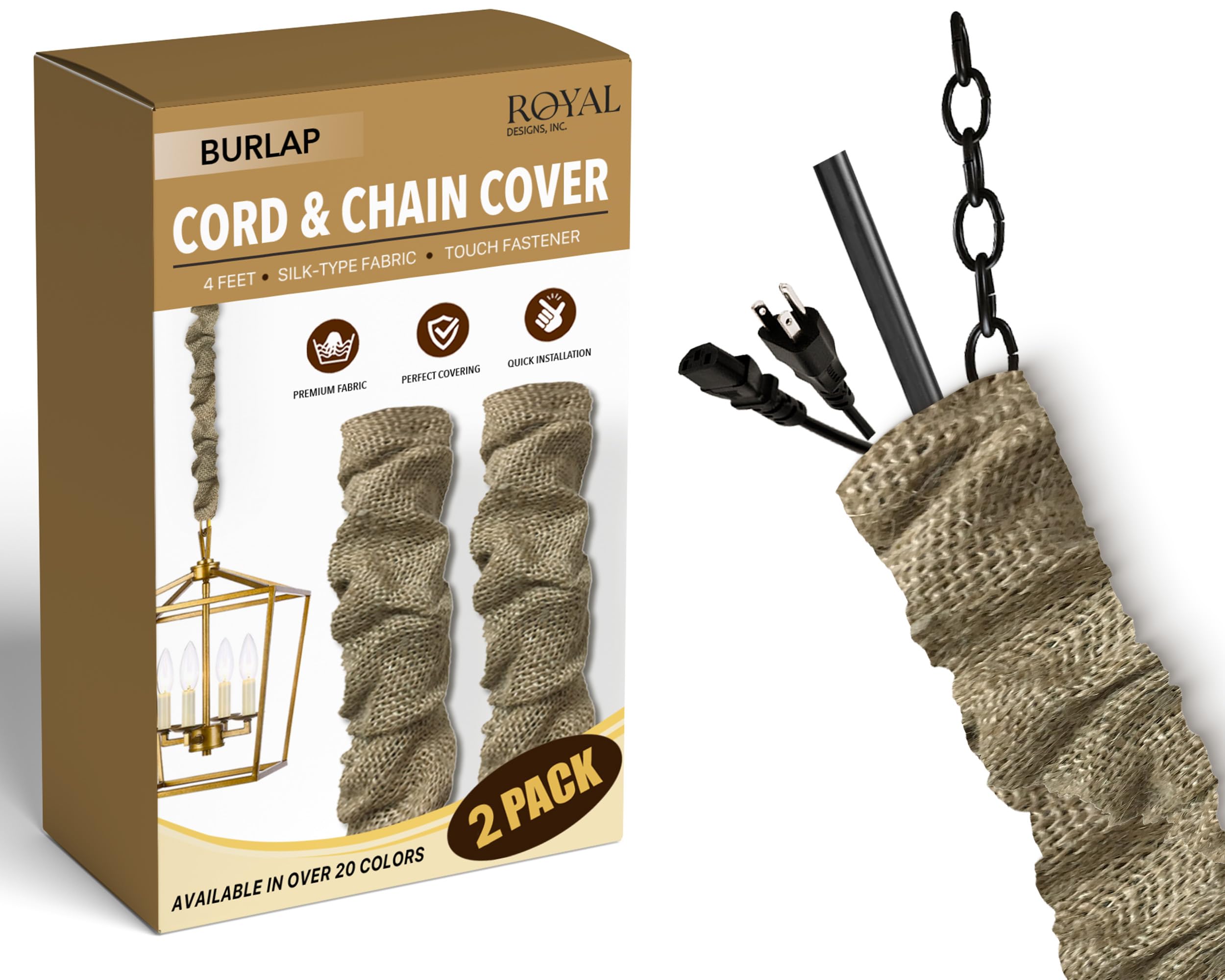 Royal Designs, Inc. Chandelier Chain Cover, 4 ft Silk Fabric, Touch Fastener, 2 Pack, Burlap, Model CC-19-BL-2