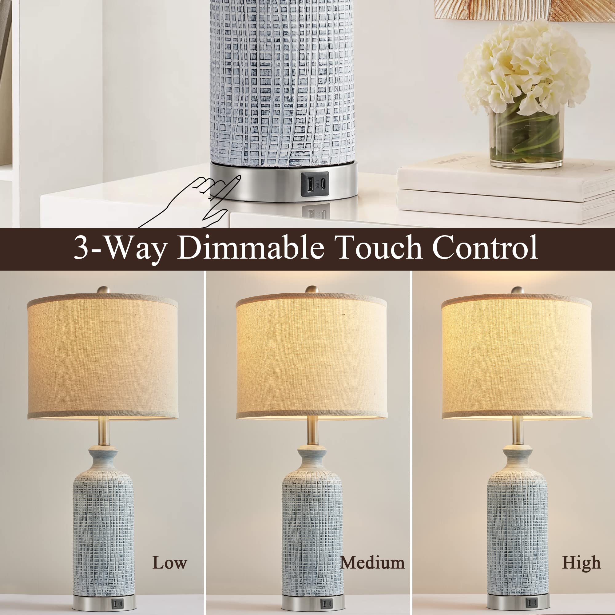 Ireliare Touch Lamps Set of 2, 27" Modern Farmhouse Nightstand Lamps with USB A+C Ports, Blue, Model QH_2283-1T
