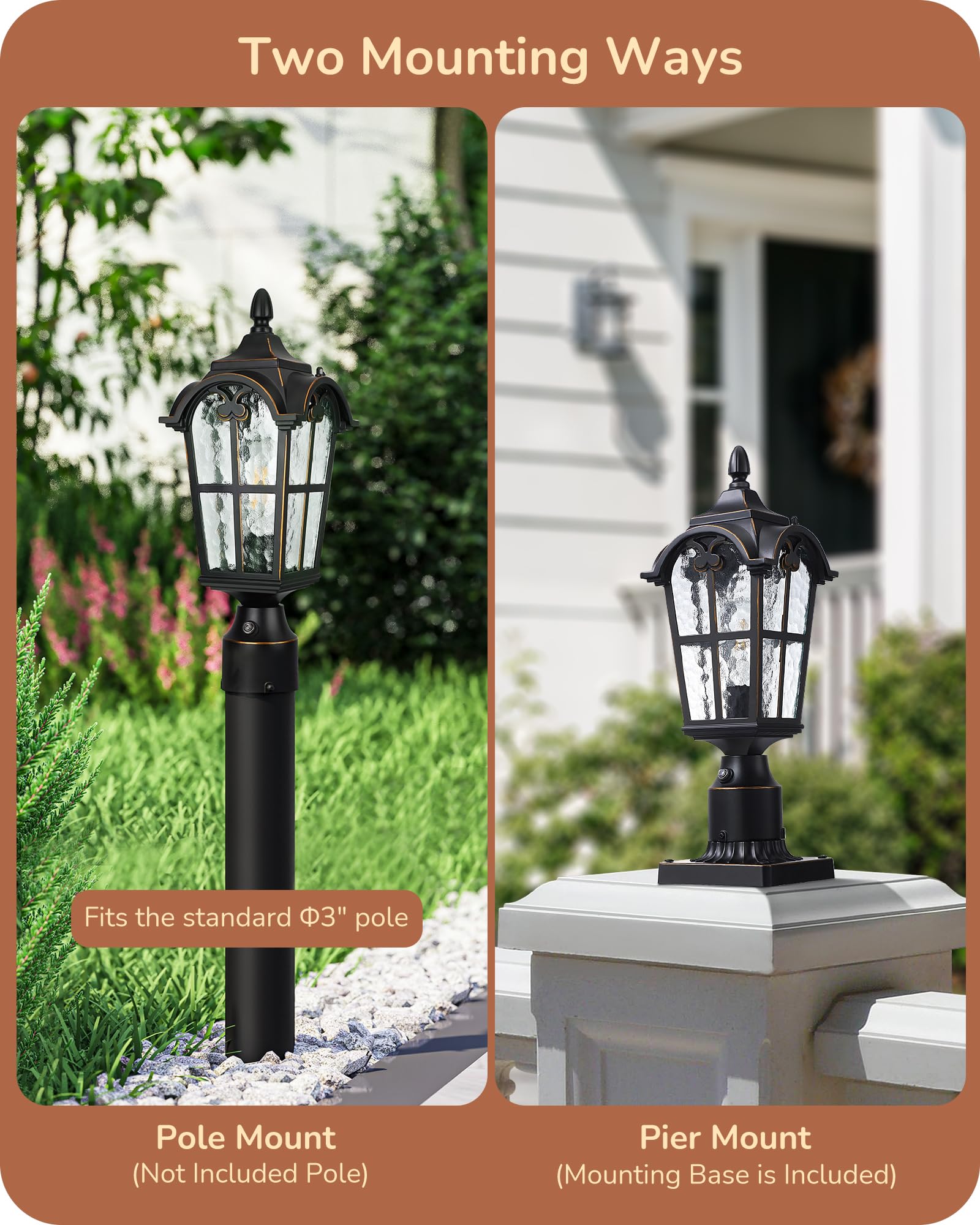 EDISHINE Outdoor Post Light, Dusk to Dawn, Black Aluminum, Waterproof, Water Ripple Glass, Model HOPL01A, Normal Size
