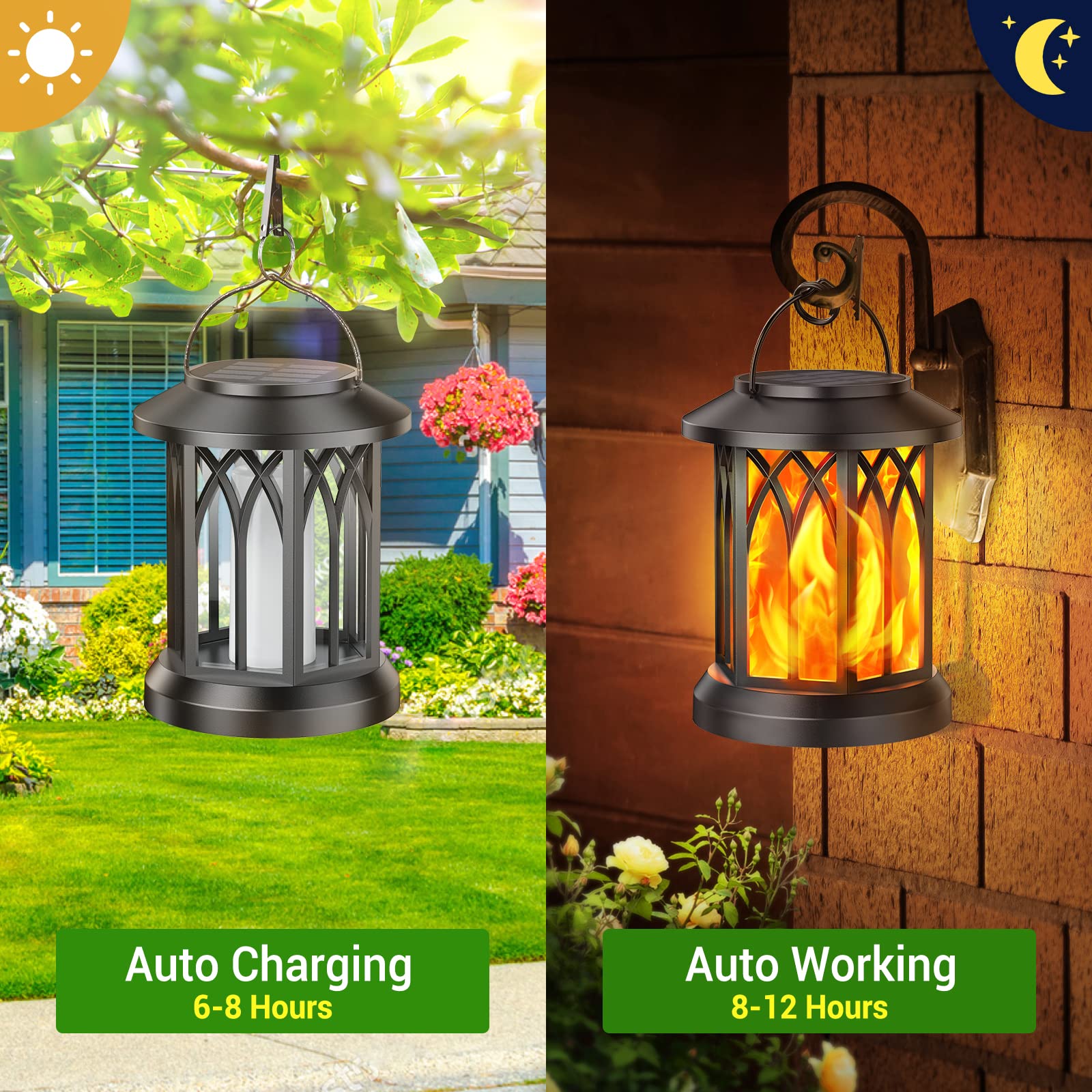 KOOPER Solar Lanterns Outdoor, Flickering Flames, Waterproof, 2 Pack, Black, Model DL-002