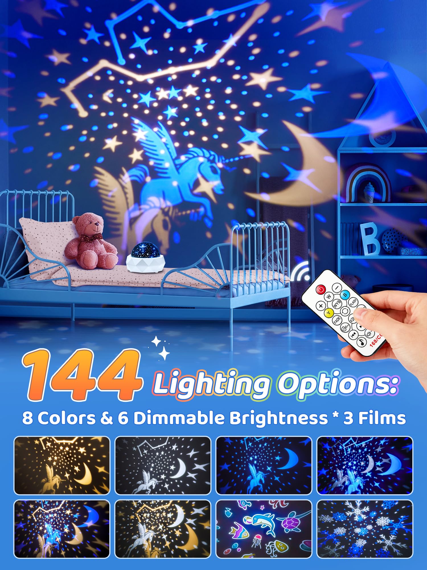PIKOY Kids Night Light Projector T02 - 12 Lullabies, 8 Colors, 360° Remote Control, White, Ideal for Bedroom & Baby Gifts
