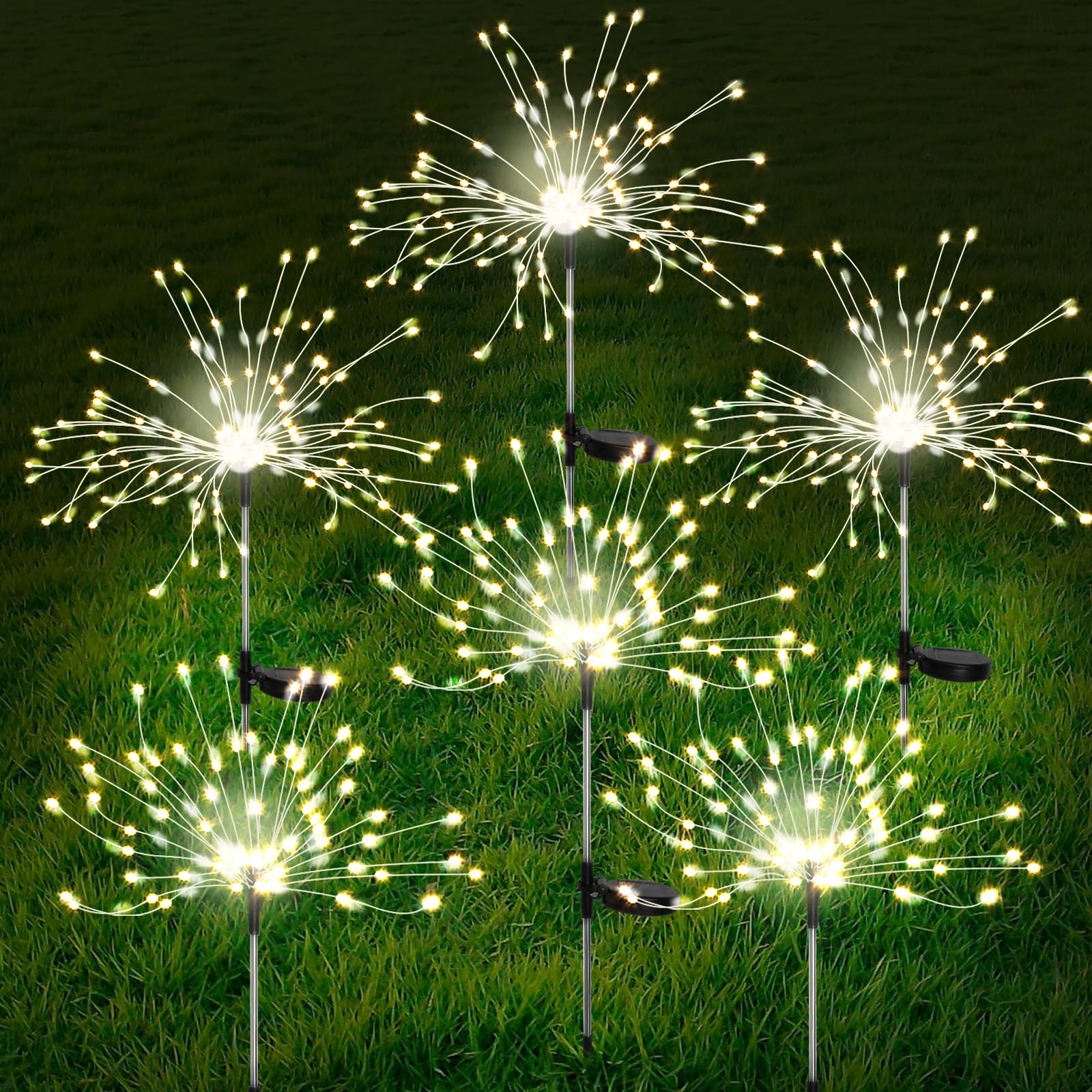 FOOING 6 Pcs Solar Garden Lights Solar Firework Lights, 200 LED String Light 2 Modes Twinkling Nightlight for Outside, Wedding, 