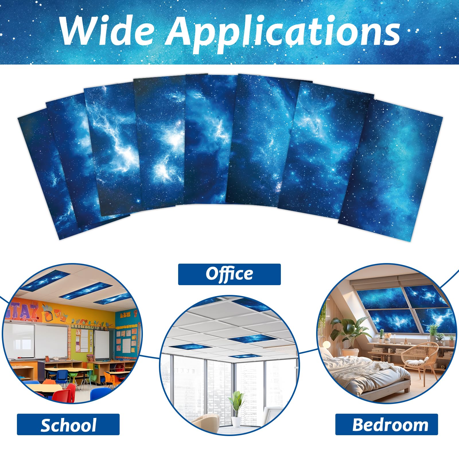 Wiooffen 8 Pcs Fluorescent Light Covers, Magnetic Filter, 4x2 Feet, Polyester, Starry Sky Blue, Model YM0848