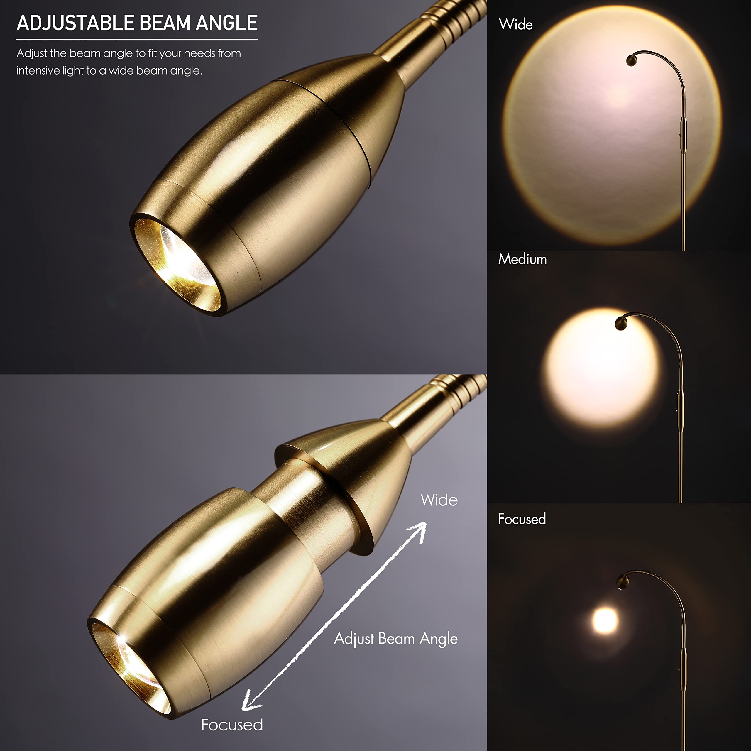 O'Bright Adjustable LED Beam Floor Lamp, Dimmable Spotlight, Flexible Gooseneck, Antique Brass, Model OB-FL15M