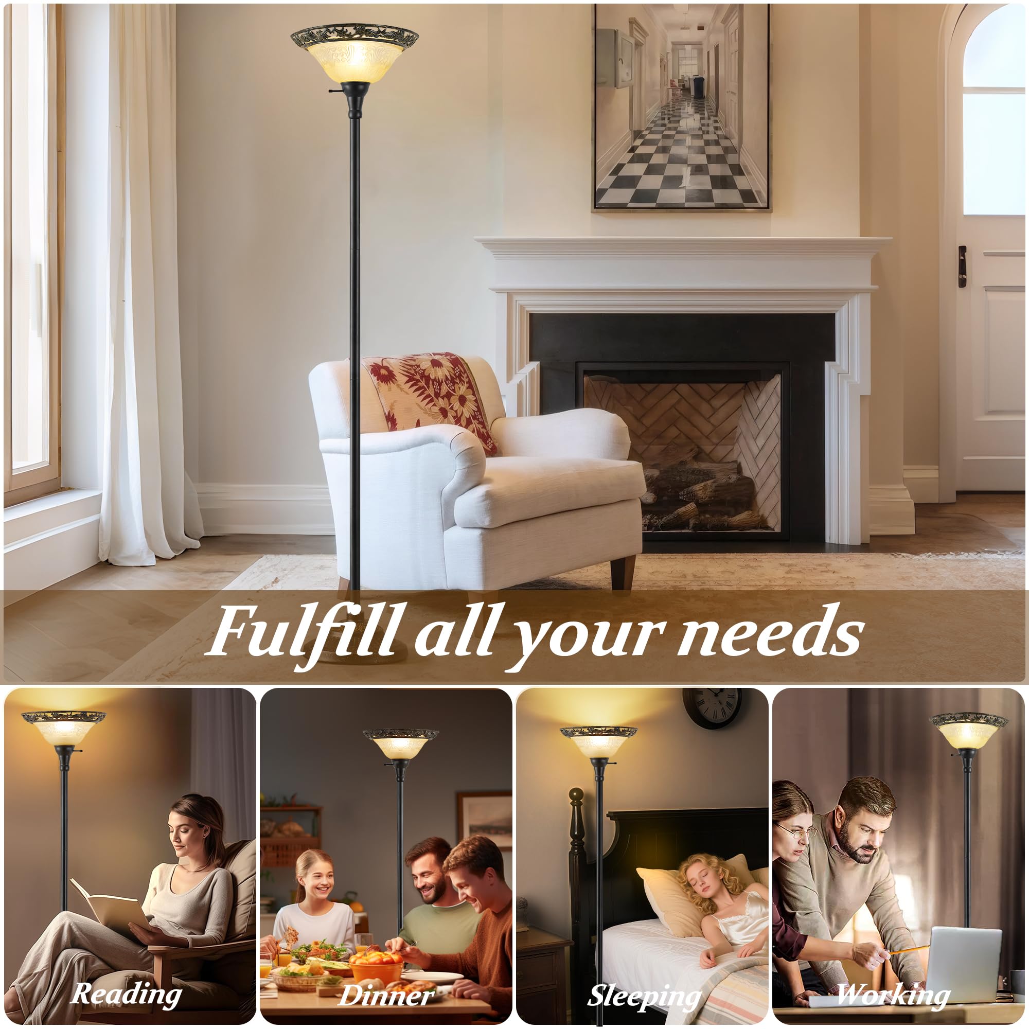 Luvkczc Torchiere Floor Lamp - 70" Victorian Metal Lamp with Etched Glass Shade, Black & Yellow, Model 31001 for Living Room/Bedroom