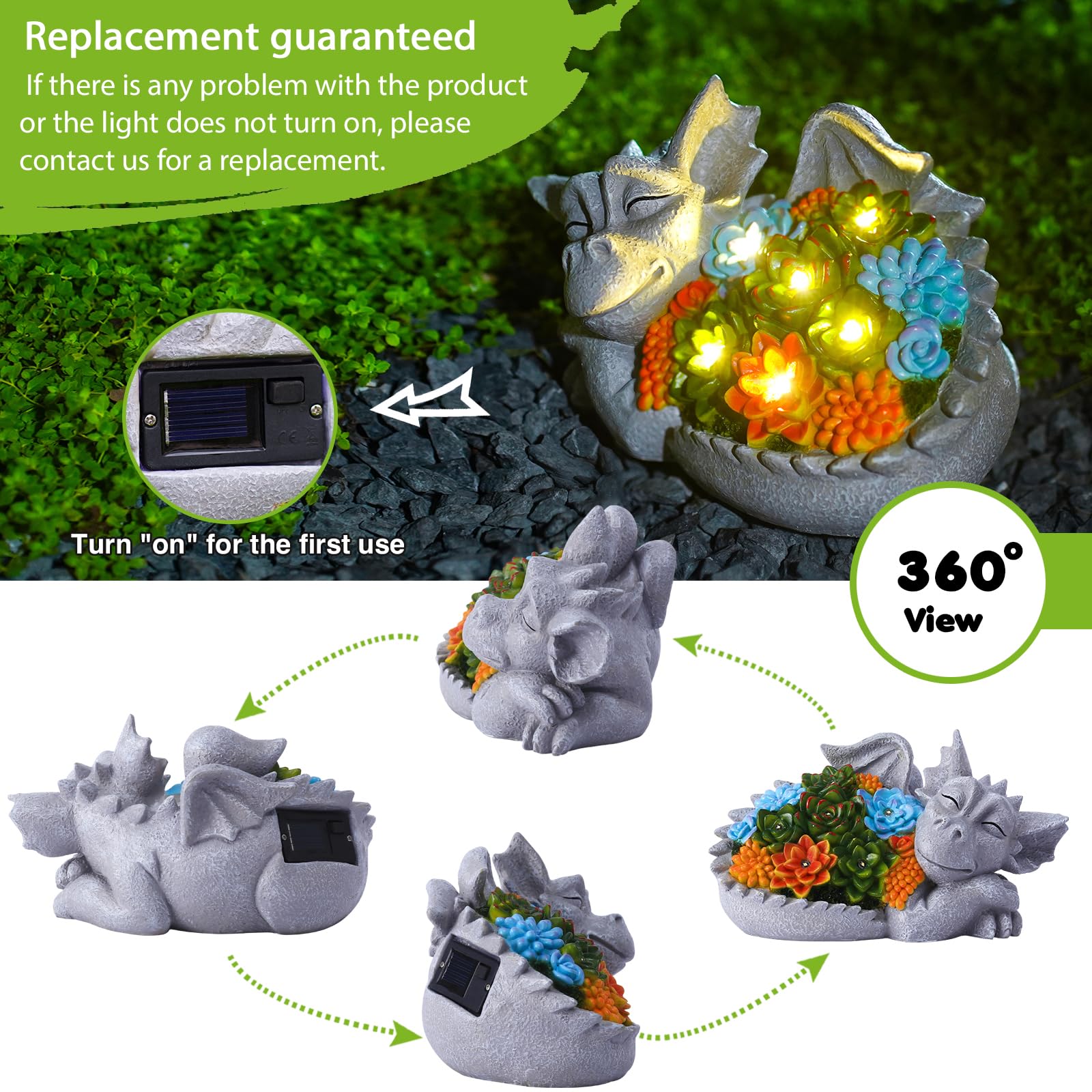 Tiejiajiang Solar Dragon Statue - Gray Resin Garden Decor With Succulent Lights, 9.1Inch