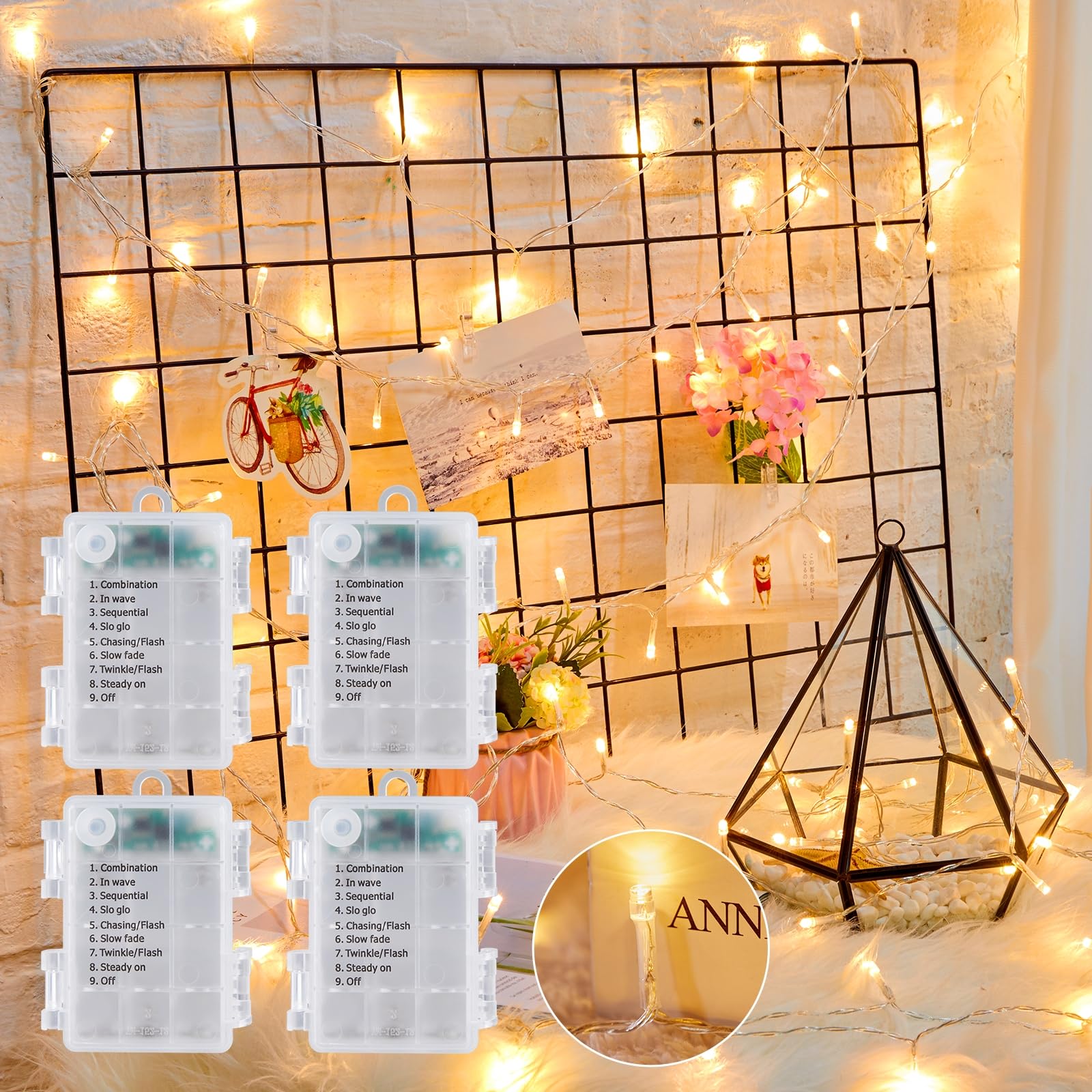 Minetom Battery Operated String Lights, 4 Pack 66FT, 200 LED, Waterproof, Warm White, Model 3AA-LUO