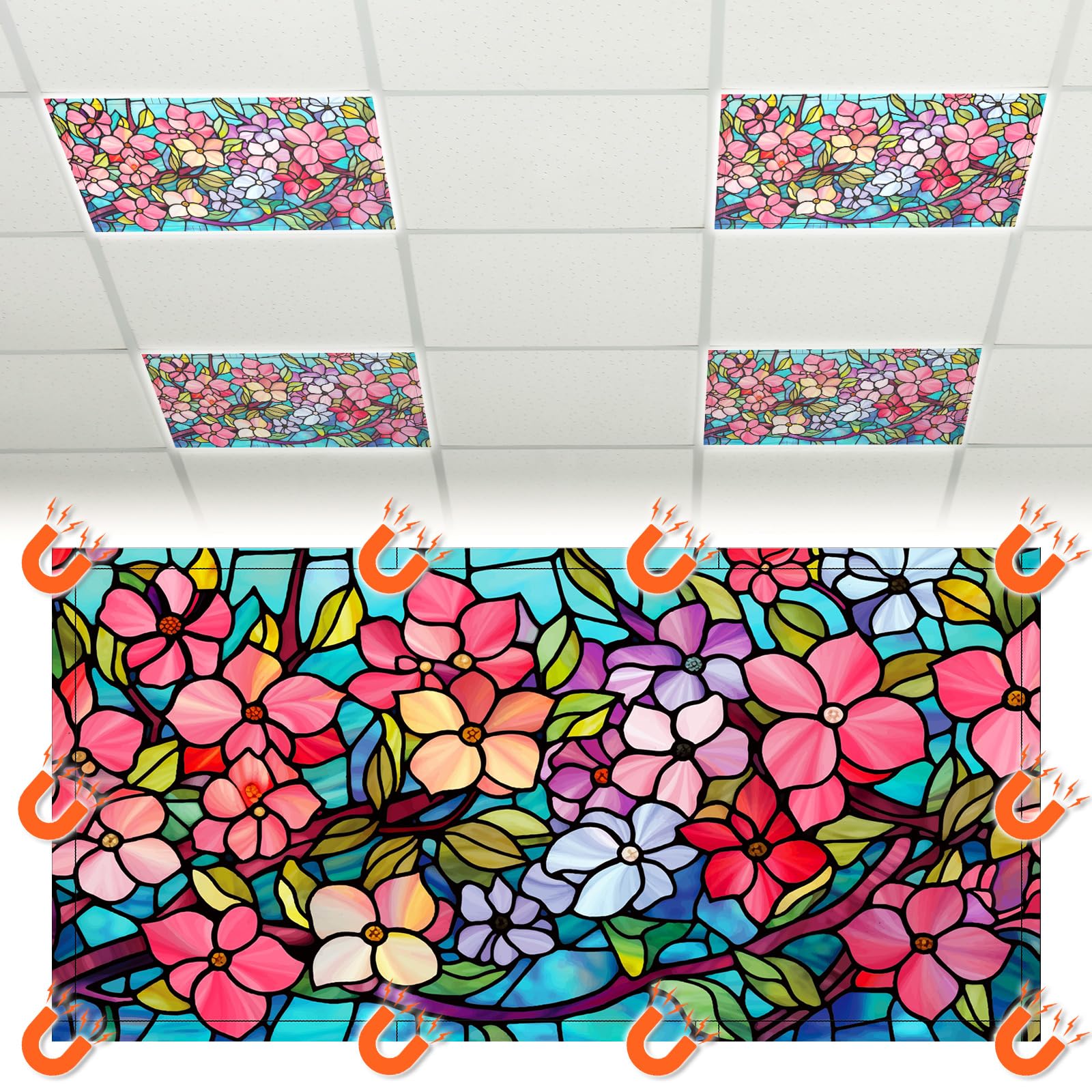 Glooglitter 4 Pcs Colorful Floral Fluorescent Light Covers 4 x 2 ft Stained Glass Magnetic Office Light Cover for Ceiling with 1