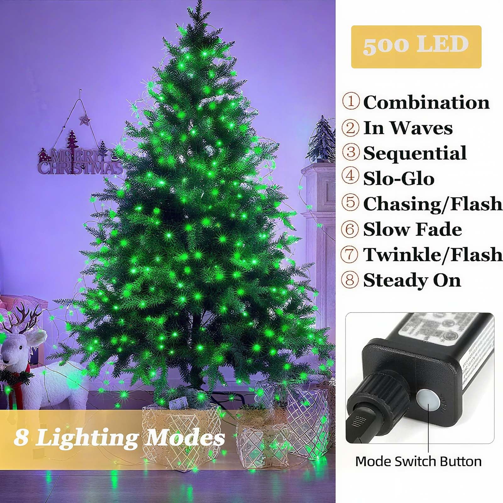 Tcamp 164Ft 500 Led Green Christmas Lights  8 Modes Christmas Tree Lights With Timer Memory Function  Green Wire Starry Fairy String Light For Xmas Tree Outdoor Indoor Decor