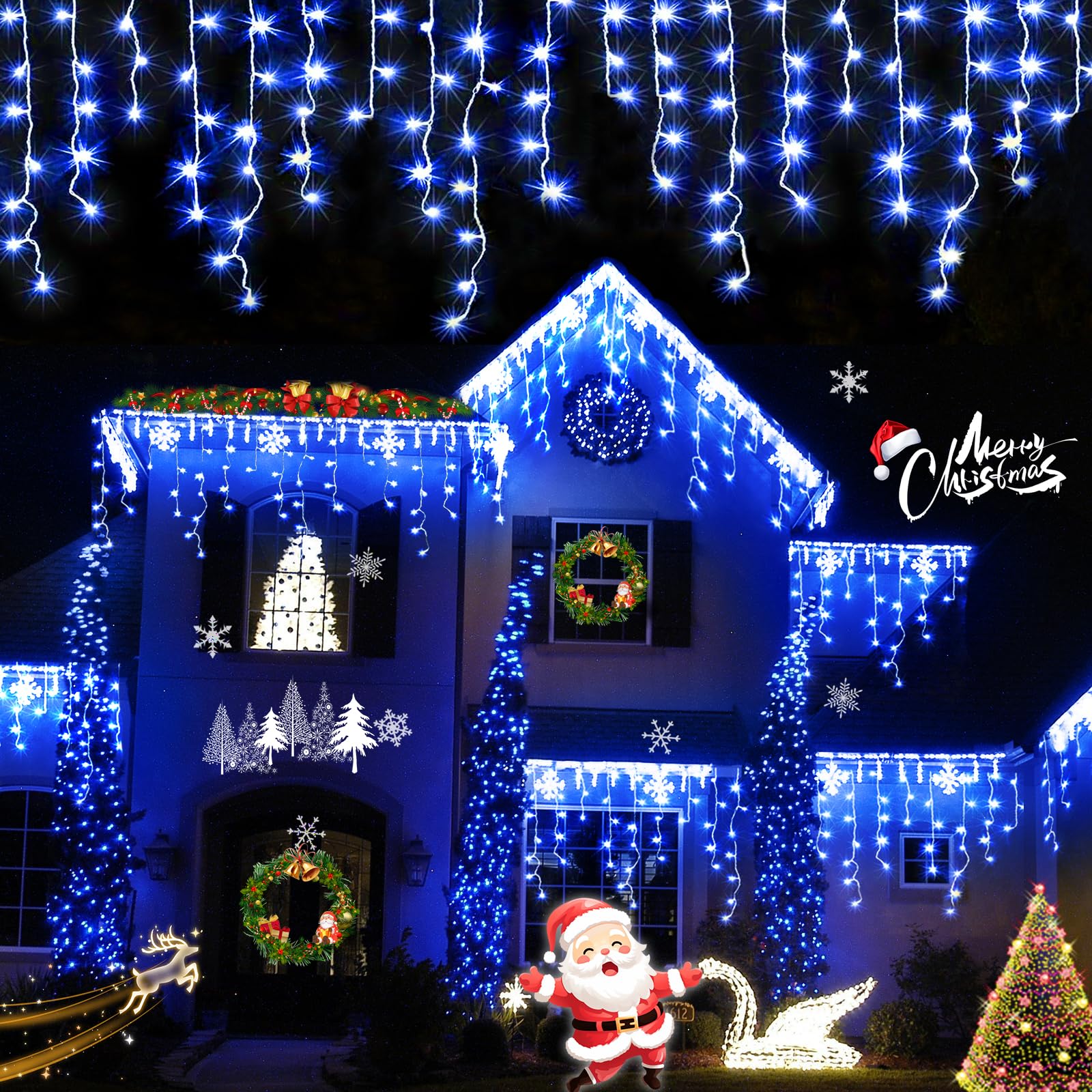 YEGUO 400 LED Blue Icicle Lights, 33ft Connectable Waterproof String Lights, 8 Modes, Model JT-EL/FC300V0200-C