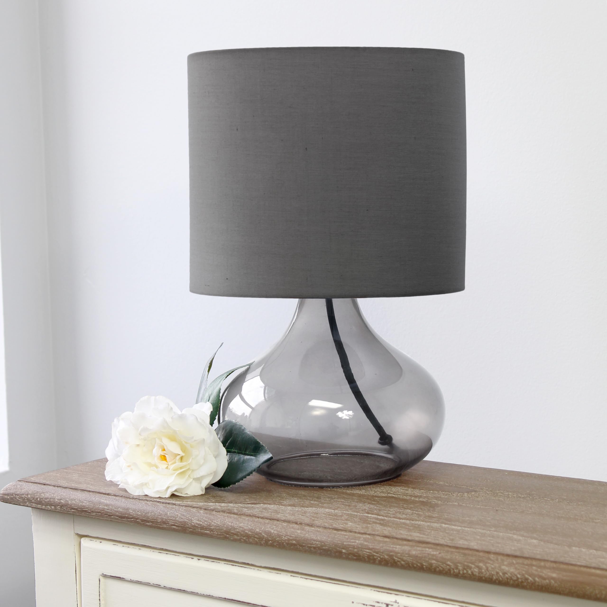Simple Designs Lt2063-Smg Small Glass Raindrop Bedside Table Lamp With Gray Fabric Shade, Smoke