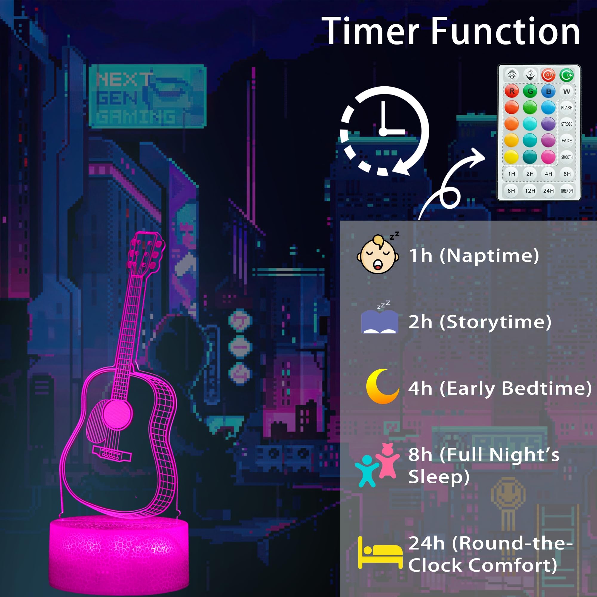 Posshe Guitar Night Light  Guitar Gifts  3D Illusion Night Light With 16 Colors Changing  Remote Control With Timer  Kids Room Decoration For Holiday Birthday Christmas