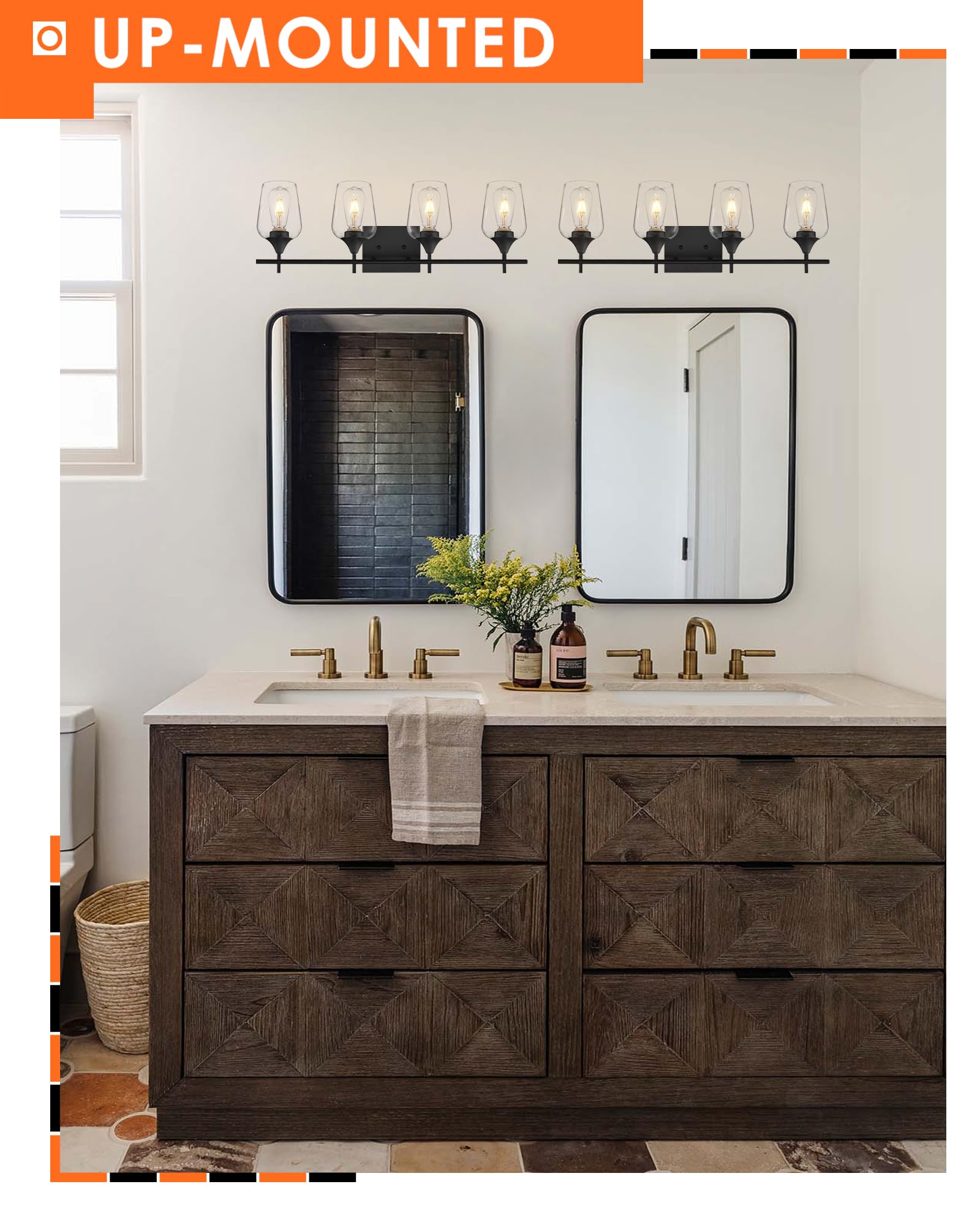 Osimir 4-Light Bathroom Vanity Light, Black Modern Wall Sconce with Clear Glass, 24 Inch, Model WL9167-4B