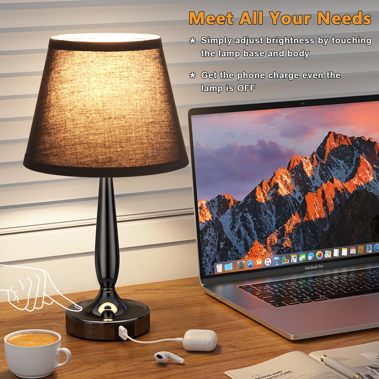 Kakanuo Touch Bedside Lamp - 3-Way Dimmable Nightstand Lamp with 2 USB Ports, Black, LED Bulb Included, 1 Pack