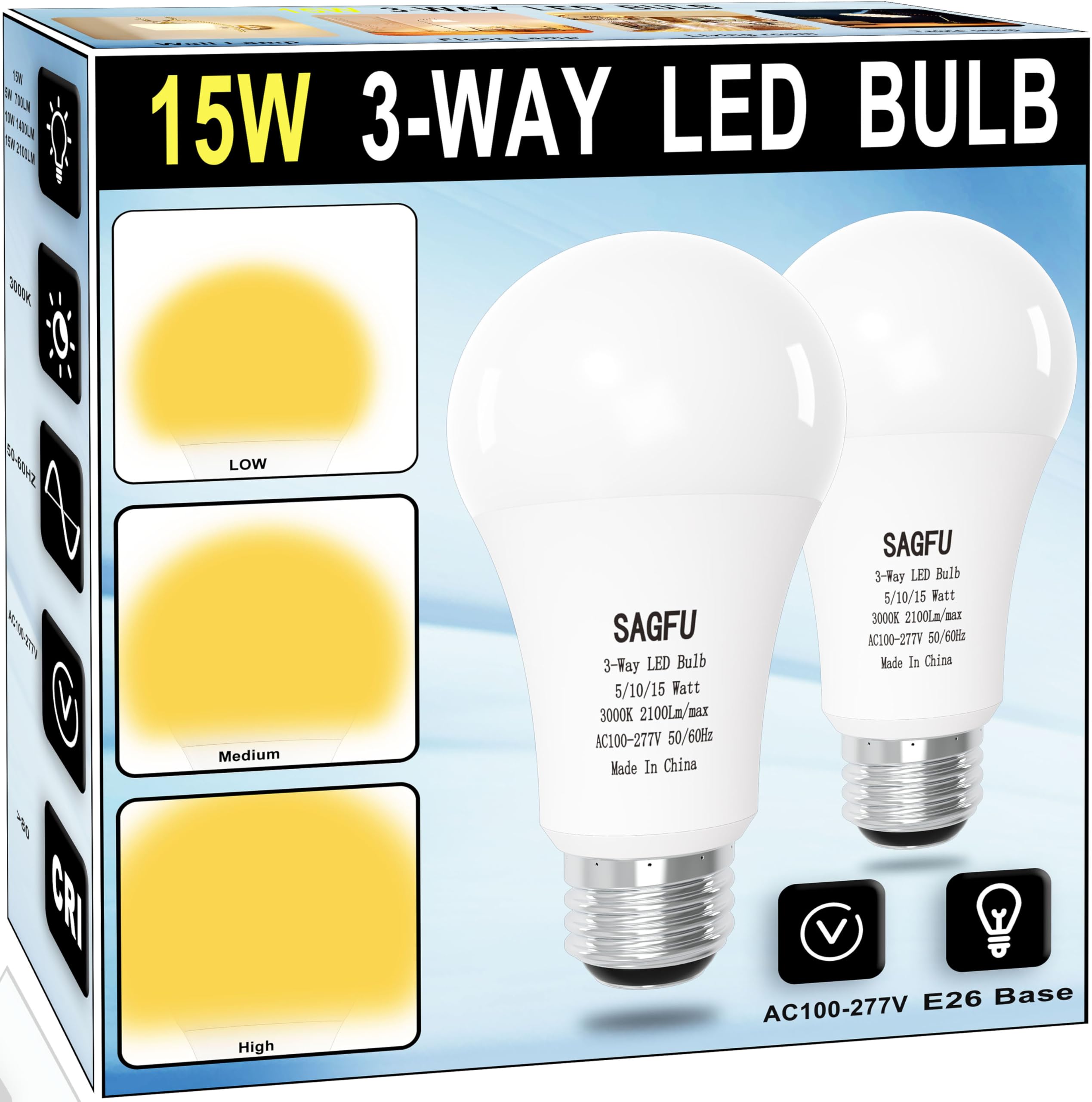 Sagfu 2-Pack 3 Way Light Bulbs 50 100 150 W Equivalent Soft White 3000K,5W 10W 15W,A19, Three Way Light Bulbs 700 1400 2100Lm, E