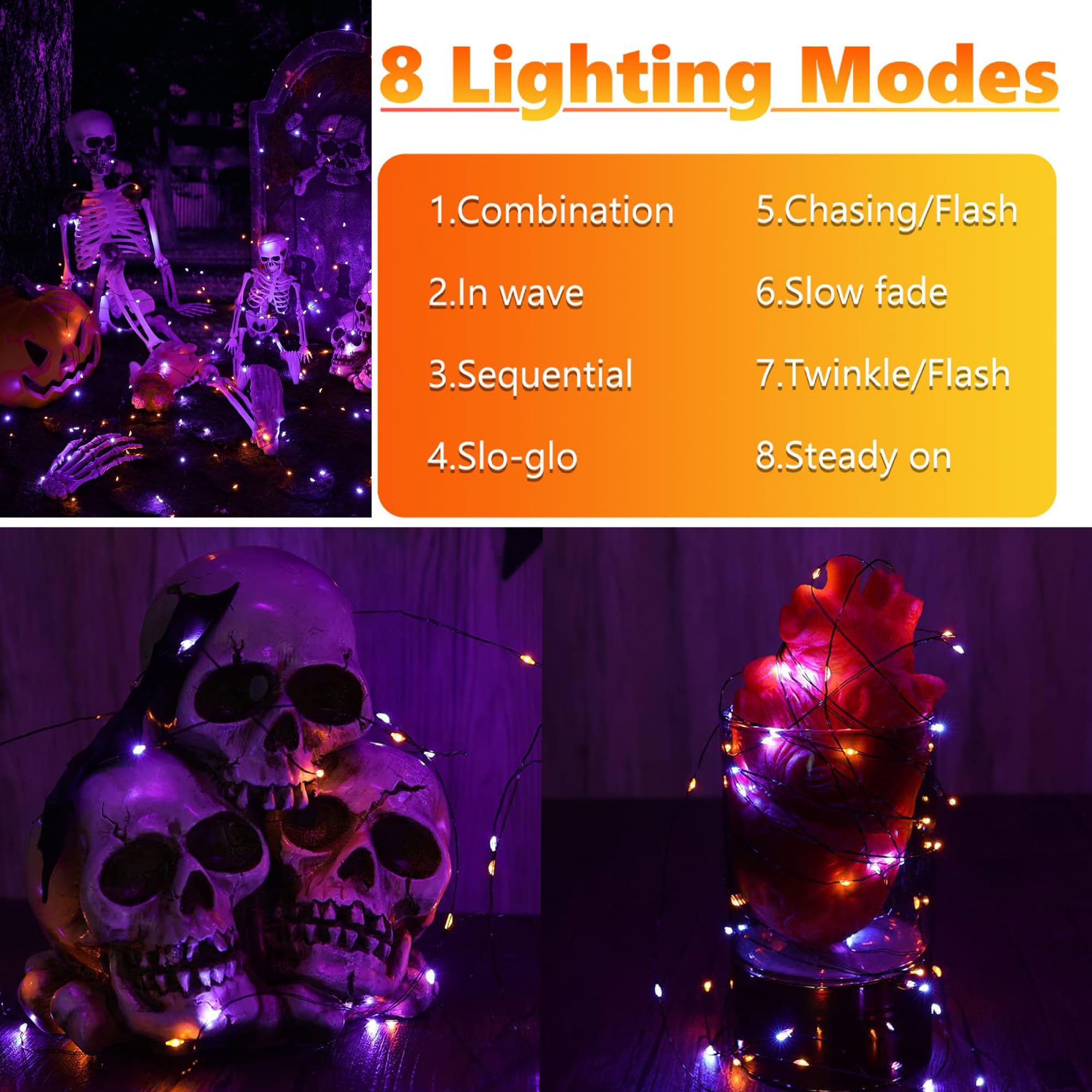 Joomer Solar String Lights - 80FT 240LED Waterproof Fairy Lights - 8 Modes - Orange Purple - Halloween Decor - 2 Pack