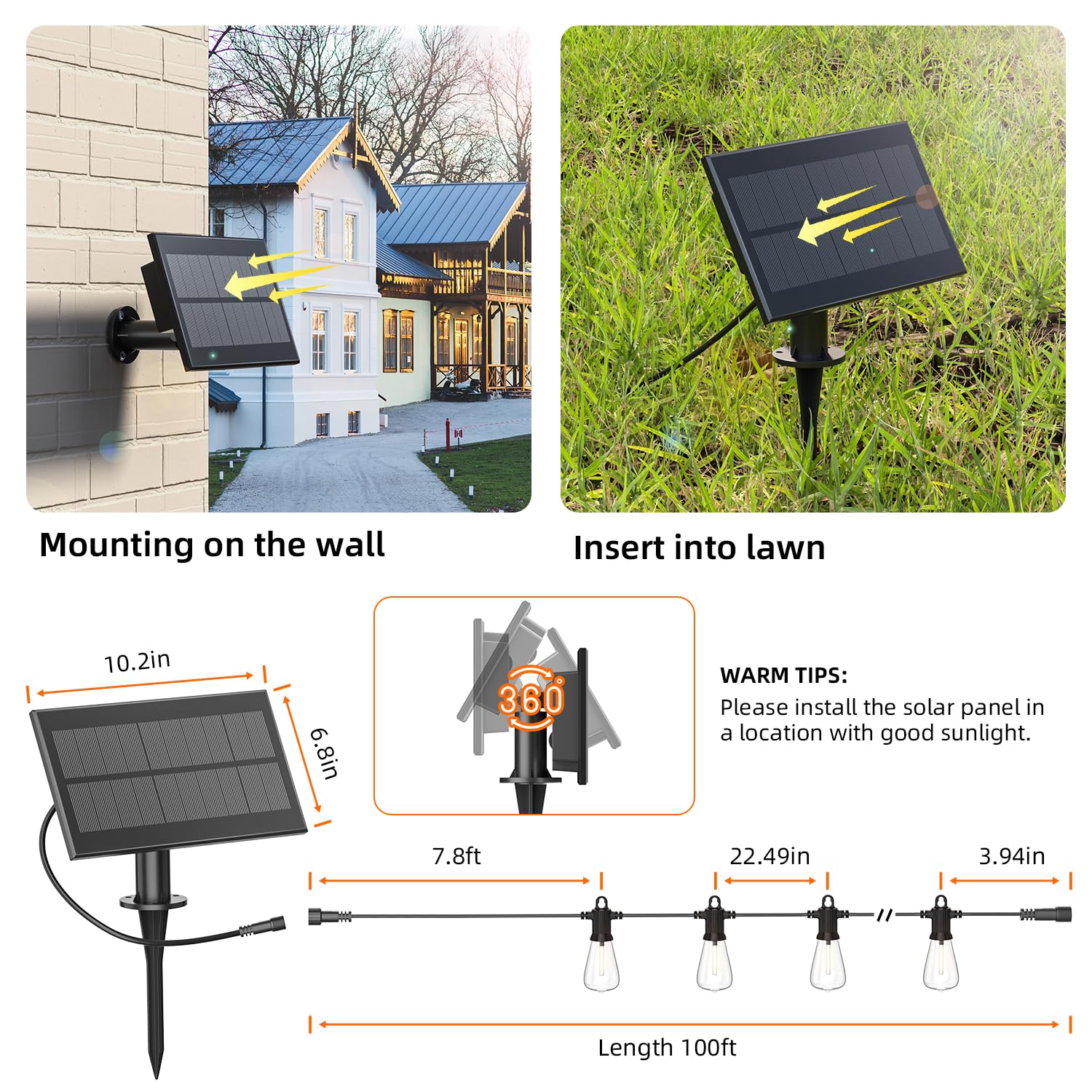 Kawaya Solar Powered String Lights - 100 FT LED, Black, IP65 Waterproof, 50+2 Shatterproof Bulbs, Model YAST38-100F