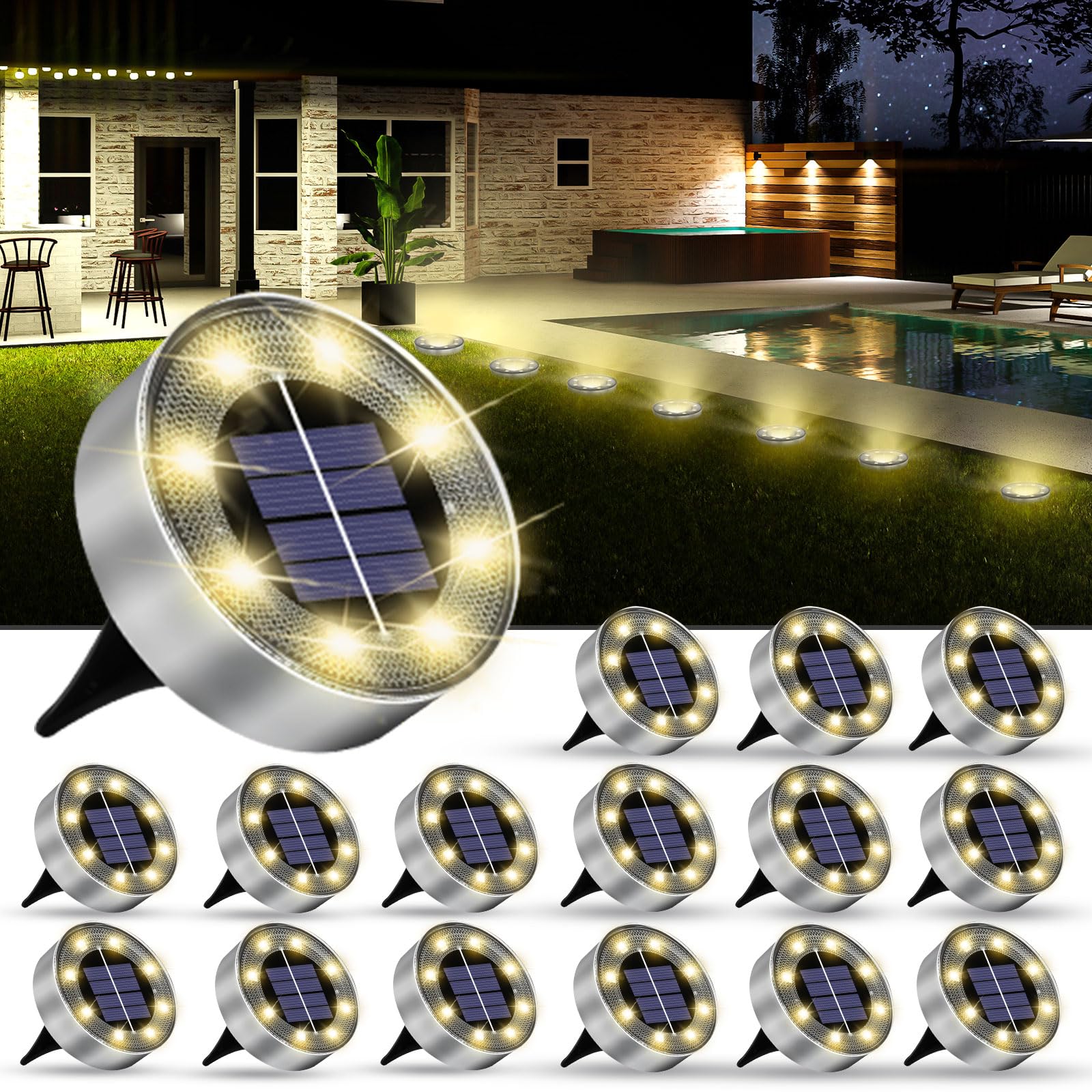 Solar Lights Outdoor 16 Pack  Solar Garden Outdoor Waterproof Pathway Lights Bright In-Ground Lighting Decor For Lawn  Patio  Yard  Driveway  Step And Walkway Warm Lights