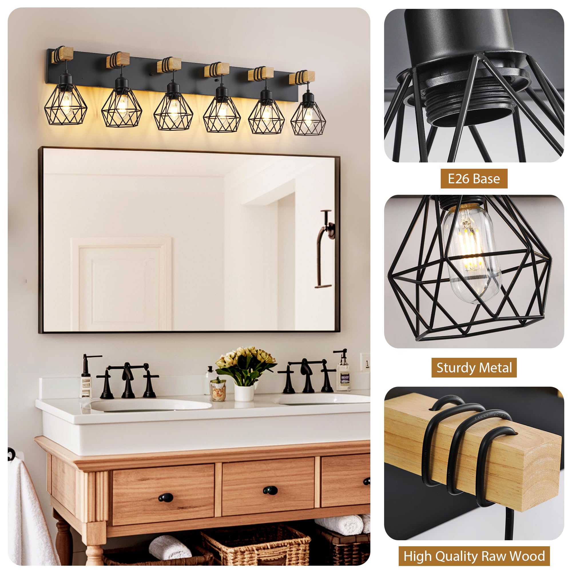 Farmhouse Vanity Light For Bathroom  6-Light Wood Bathroom Vanity Light Fixtures Over Mirror  Rustic Sconces Wall Lighting With Metal Lampshade For Living Room  Bedroom  Hallway