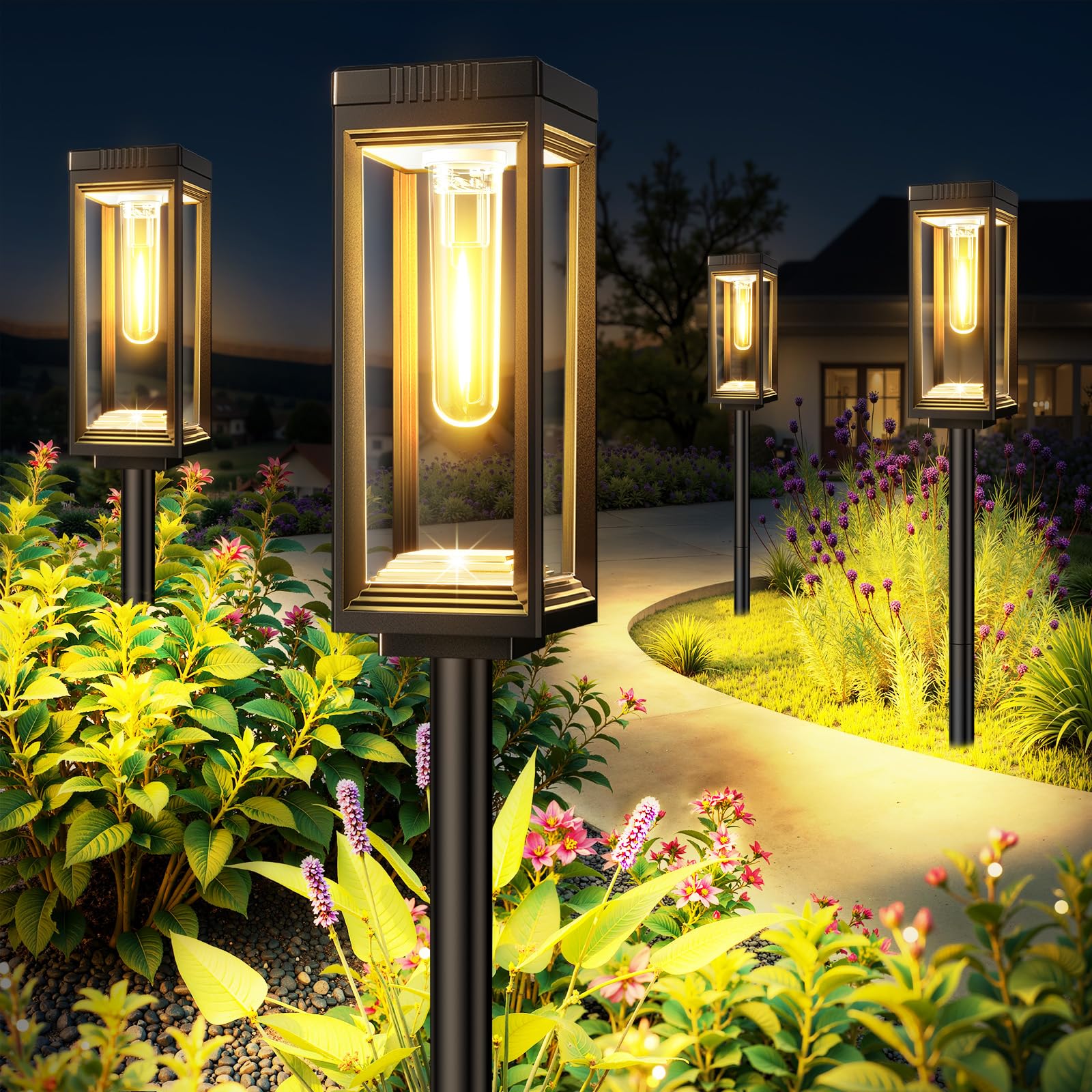 Bright Solar Pathway Lights Outdoor Waterproof  4 Pack Upgraded Solar Lights  15+ Hours Runtime Garden Light  Auto On/Off  Lighting For Outside Yard Walkway Driveway Landscape  Warm White