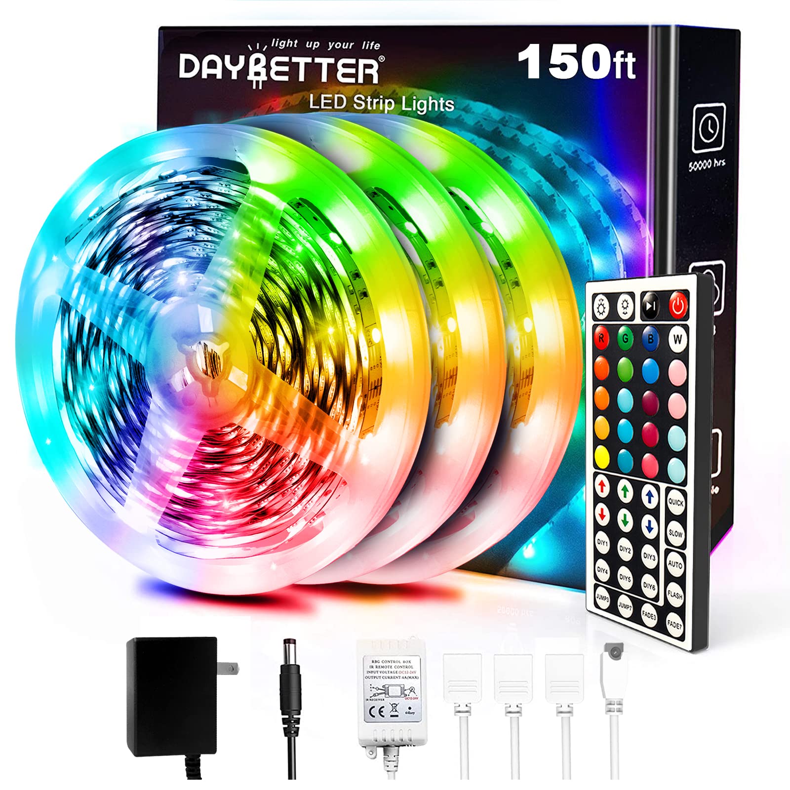 DAYBETTER 5050 RGB LED Strip Lights - Color Changing, 150ft Length, Infrared Remote Control