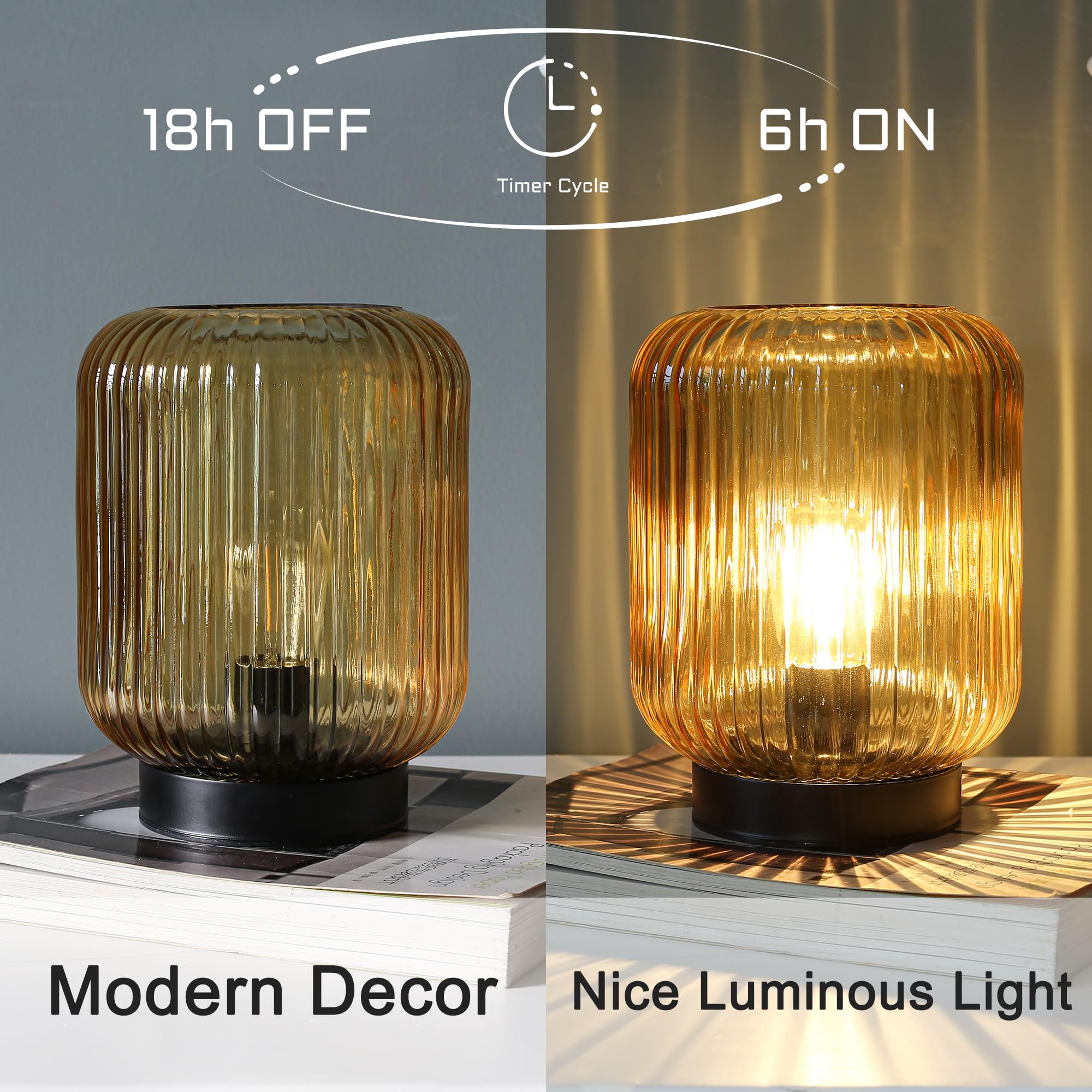 LUSHARBOR Battery Operated Table Lamp, LED Nightlight, Decorative Glass, Gold
