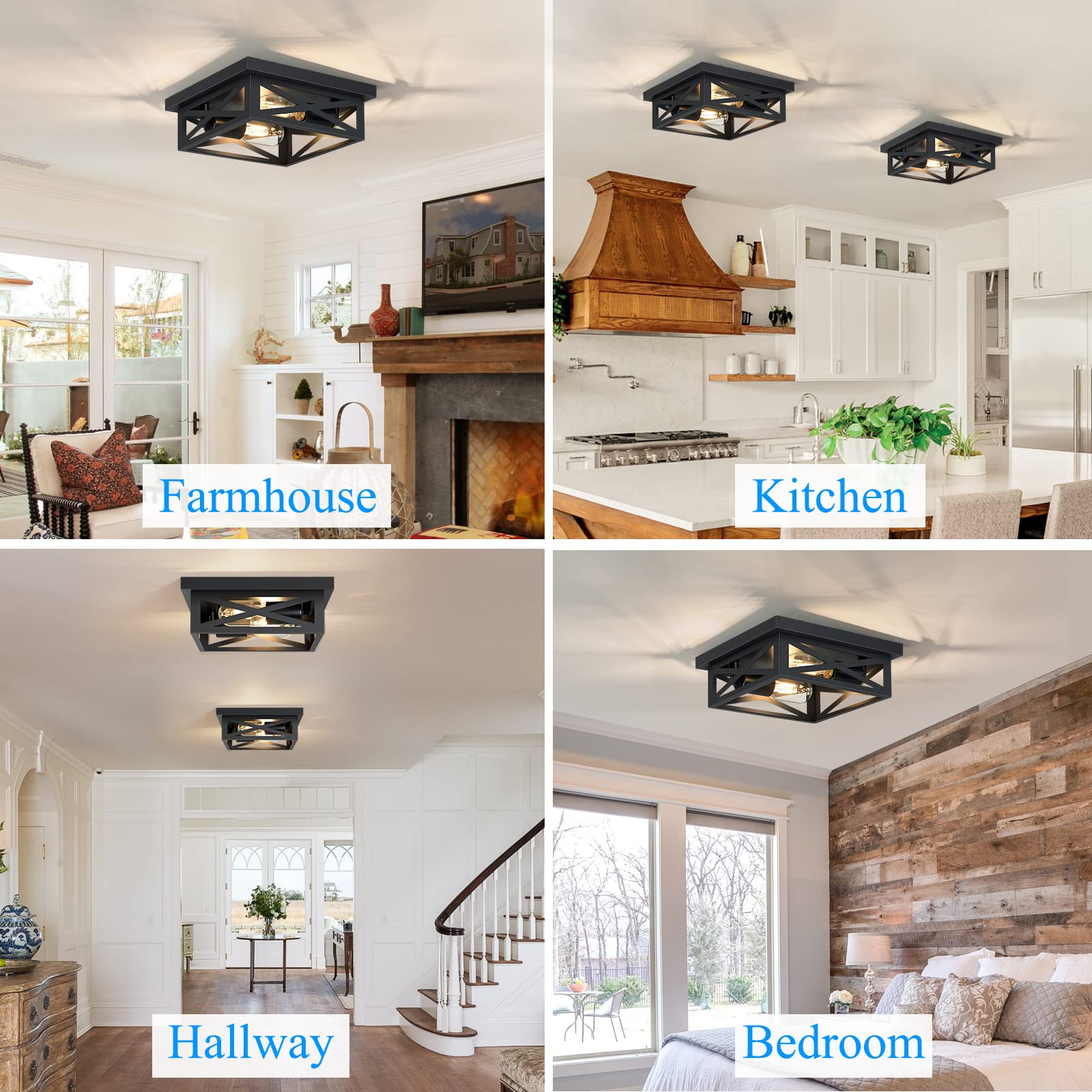 SKEJAO 2-Light Black Metal Flush Mount Ceiling Light Fixture, 10 inch Square Design for Hallway, Kitchen, Bedroom (2 Pack)