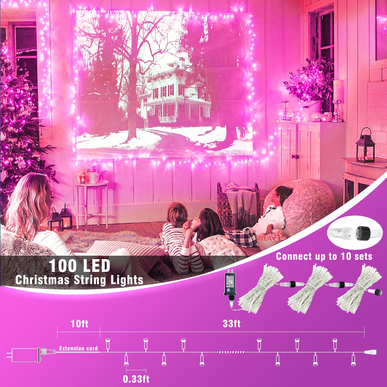100 Led Pink String Lights, 33Ft Pink Christmas Lights Outdoor 8 Modes Clear Wire, Plug In Waterproof Twinkle Fairy Lights For B