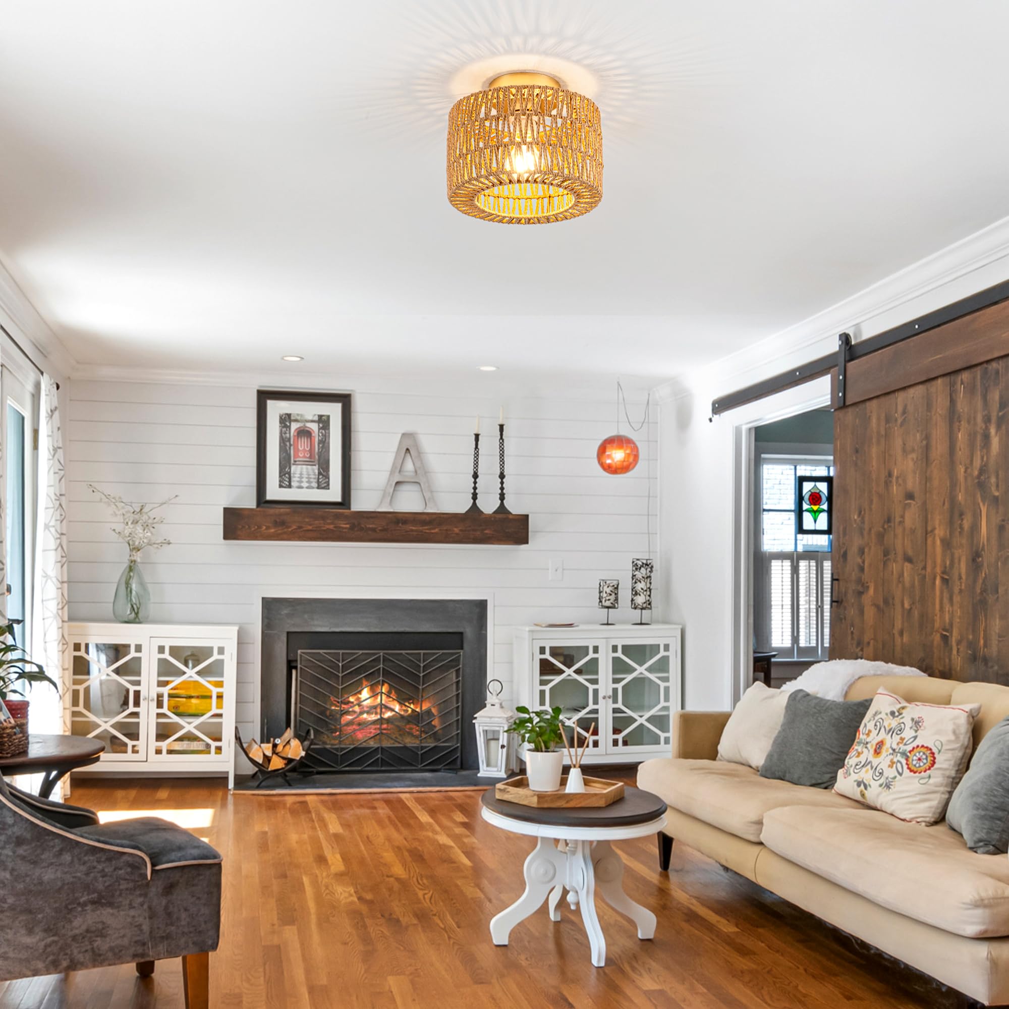 Rattan Ceiling Light, 1 Light Bohemian Modern Woven Flush Mount Ceiling Light, Boho Light Fixture For Bedroom Living Room Dining