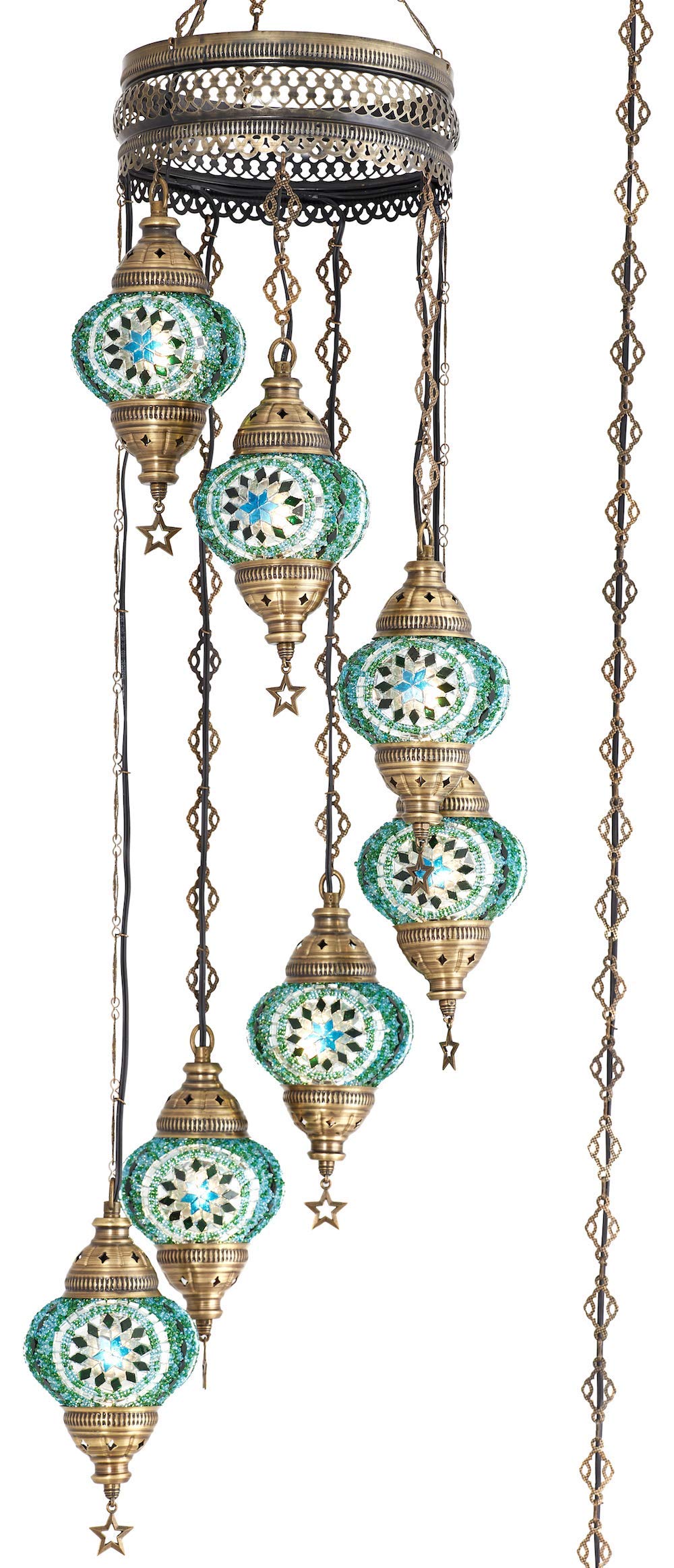 DEMMEX 7-Globe Plug-In Chandelier, Tiffany Style, Handmade, Metal, 59x14 Inches, Lagoon Glow, Model DEMMEX-Swag7