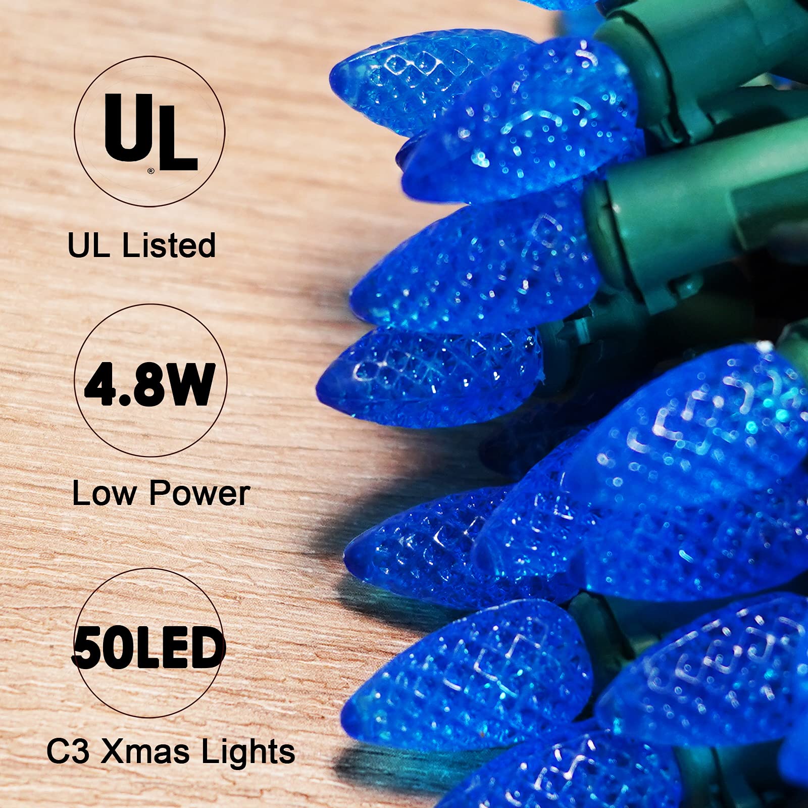 FOMOMDI C3 Outdoor Christmas Lights, 50 LED, 18Ft String Lights, Commercial Grade, Blue-50LED