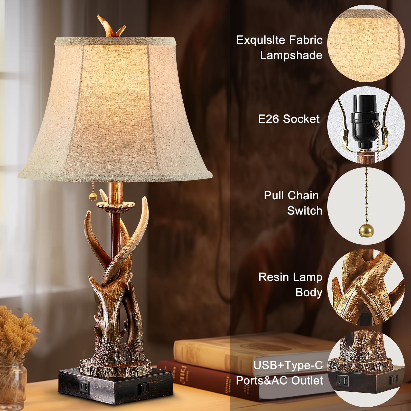 Bowobo Antler Table Lamps Set Of 2 With Usb A+C Ports For Bedroom Farmhouse Deer Rustic Bedside Lamps With Bell Shade For Living