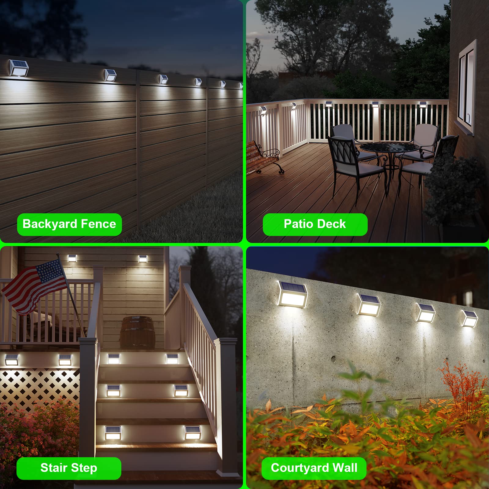 JSOT Outdoor Solar Fence Lights - Waterproof 6-Pack Cool Light Stainless Steel Deck Lights for Patio, Stair, and Wall Lighting