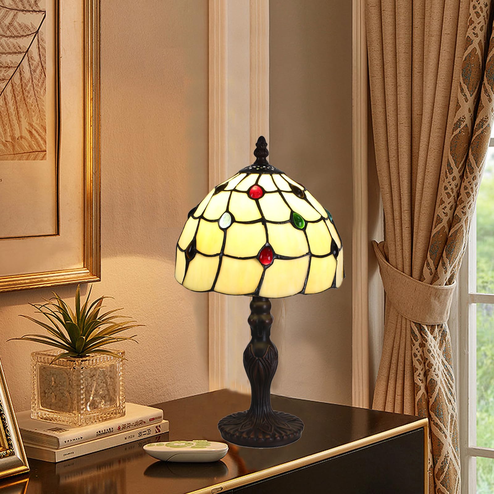 Tuomoxte Tiffany Style Table Lamp, 8 Inch Stained Glass Lamp, Small Antique Bedside Lamp, For Nightstand Bedroom Living Room Hom