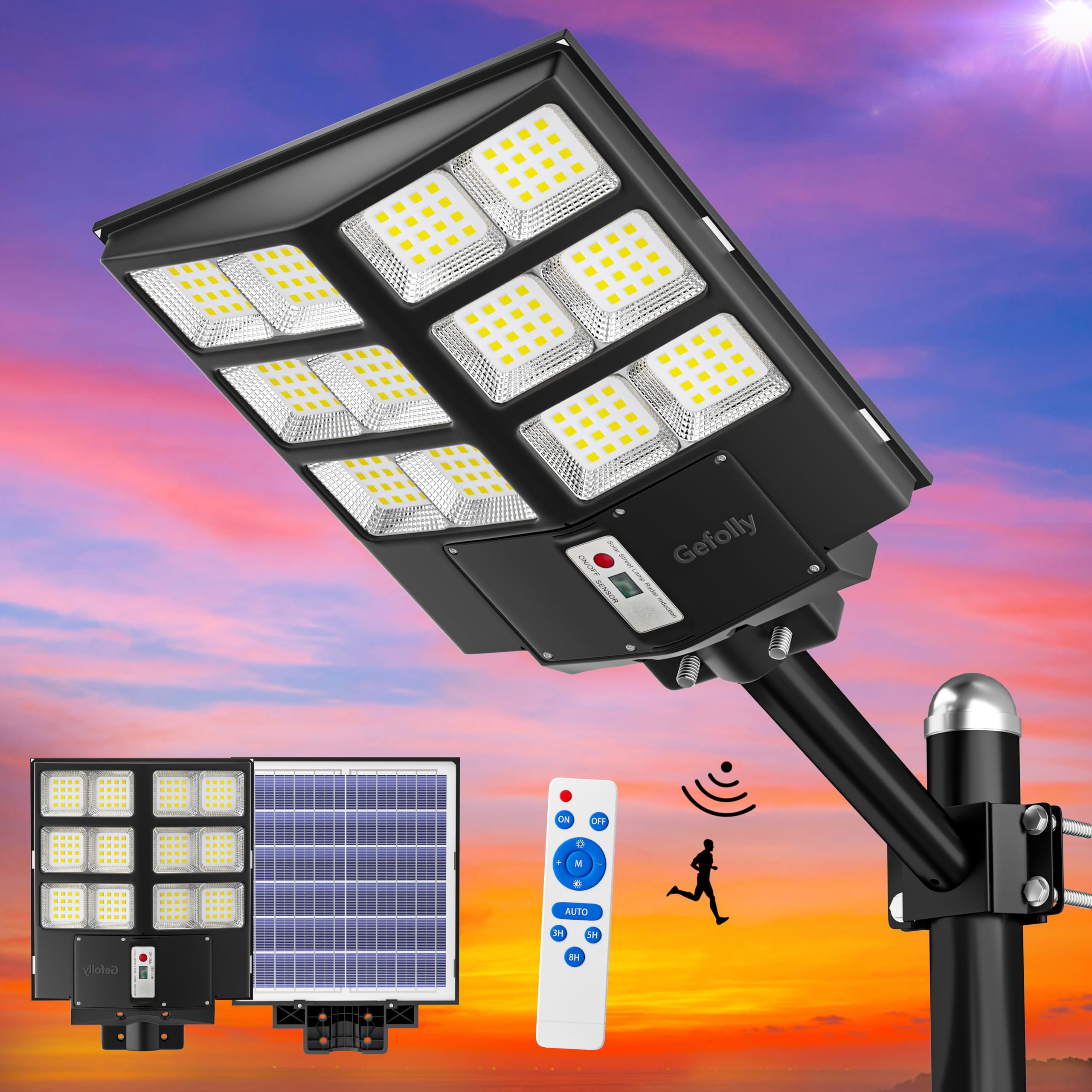 Gefolly 2000W Solar Street Light, 200000Lm, Dusk To Dawn, Motion Sensor, Black Outdoor Flood Light