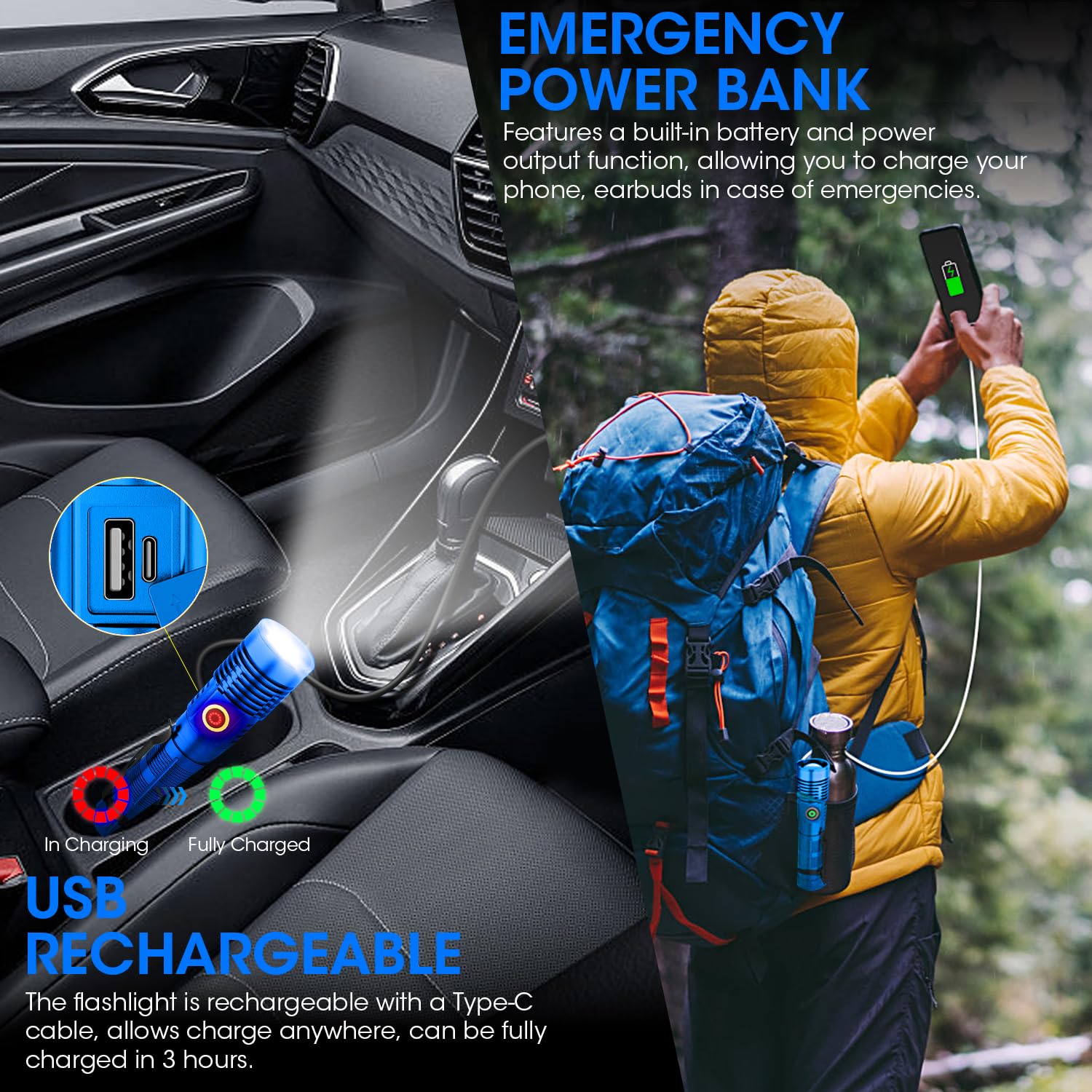 Spriak Rechargeable Flashlight, 12000 Lumens, Long-Range Zoomable LED, Aluminum, Model K2301-BLUE, 2-Pack