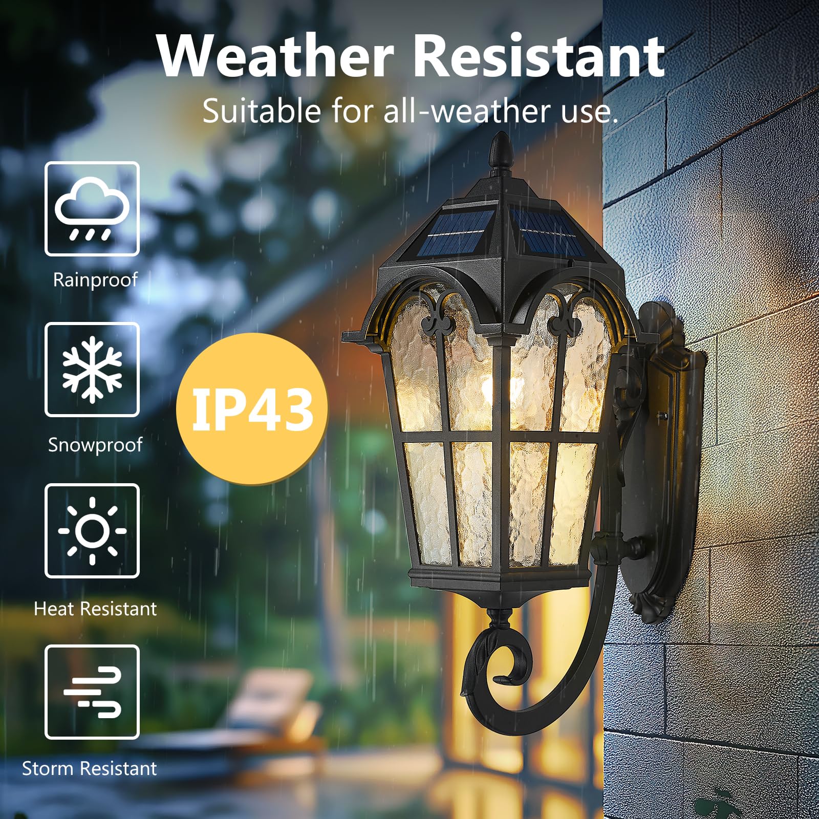 Emliviar Exterior Led Solar Wall Sconce With Remote Control  24 Front Door Wall Lantern With Water Glass Shade  Waterproof Solar Black Wall Light With E26 Bulb  Yxe302Mb-Sl Bk
