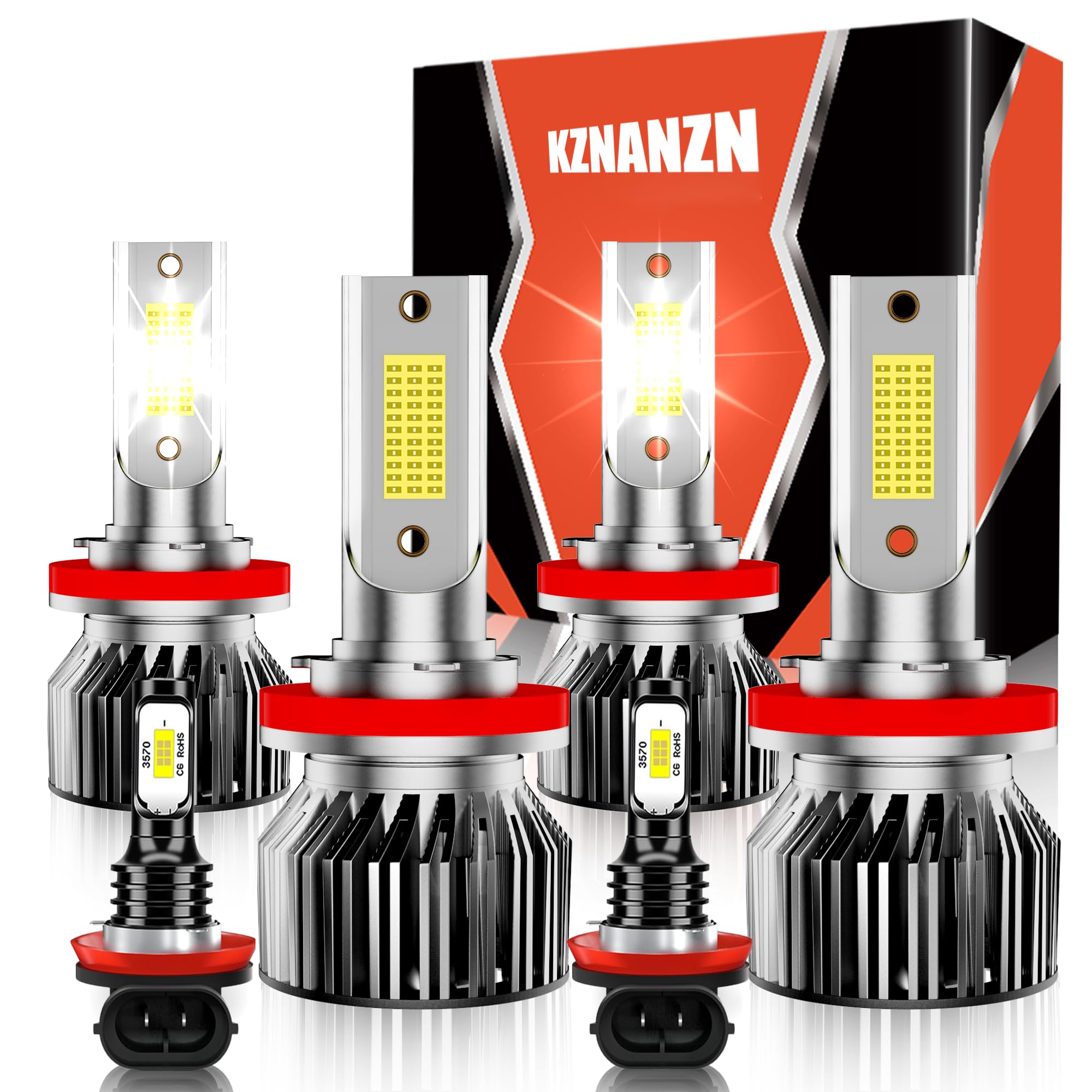 KZNANZN Car Light Bulbs Set for Toyota Tacoma 2016-2023, High Low Beam Fog Lights, 6500K White, 6-Pack, Aluminum
