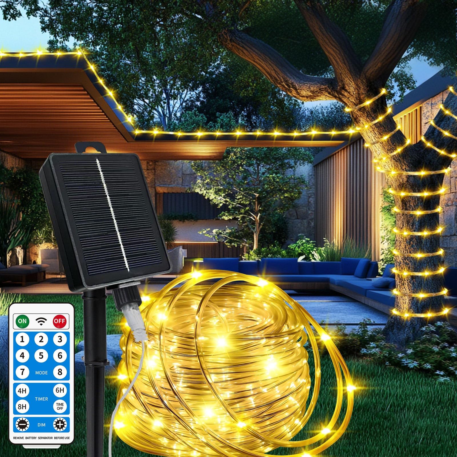 Solar Rope Lights Waterproof 39FT 100LEDs,High Capacity Rechargeable Battery,Dual Charging,Outdoor String Light,Remote-Control,f