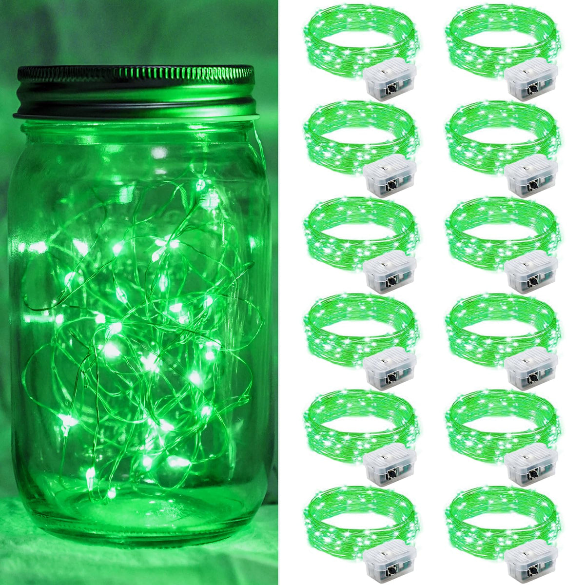chzk 12 Pack Green Fairy Lights 7Ft 20 LED Twinkle String Lights Battery Operated Lights Waterproof Firefly Starry Lights Mason Jar Lights for Party Halloween Christmas Valentines Day