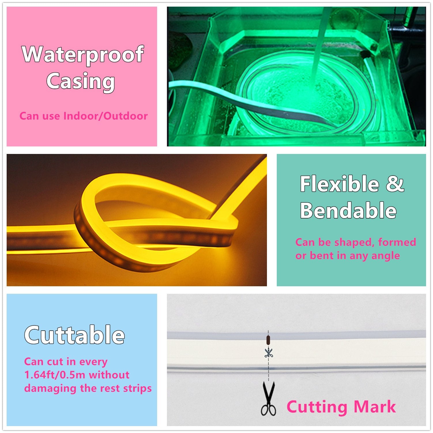 IEKOV LED Neon Light, Flexible 5m/16.4ft Waterproof Strip, 120 LEDs/M, Green, Model NEON LIGHT-G-5M