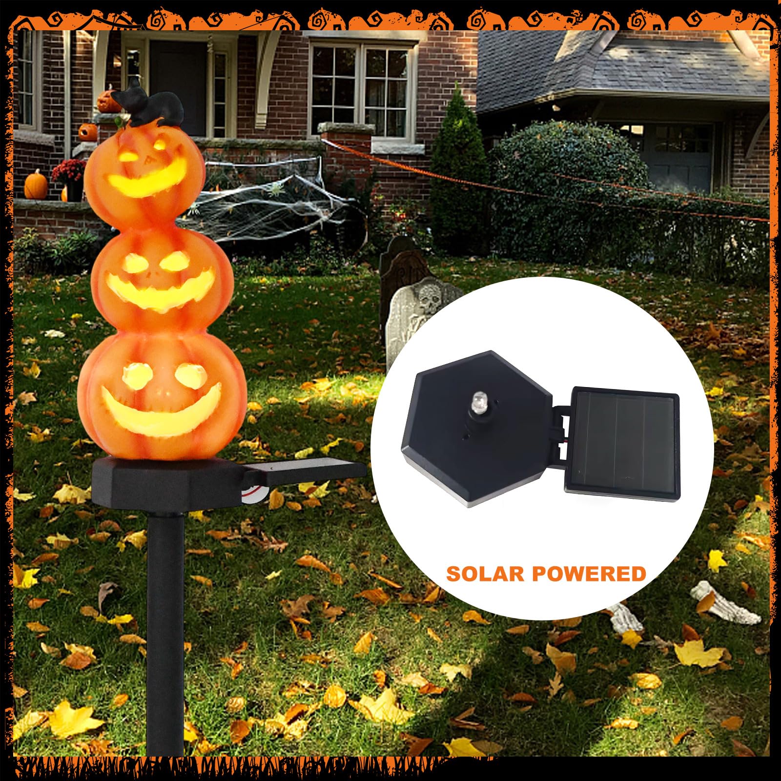 Halloween Pumpkin Decorations Stacked Pumpkin Yard Stakes Solar Pumpkin Lights-Light Up Pumpkin Decor Outdoor 4 Pack 17.5&quot; With Led Bulb For Yard Garden Lawn Decor