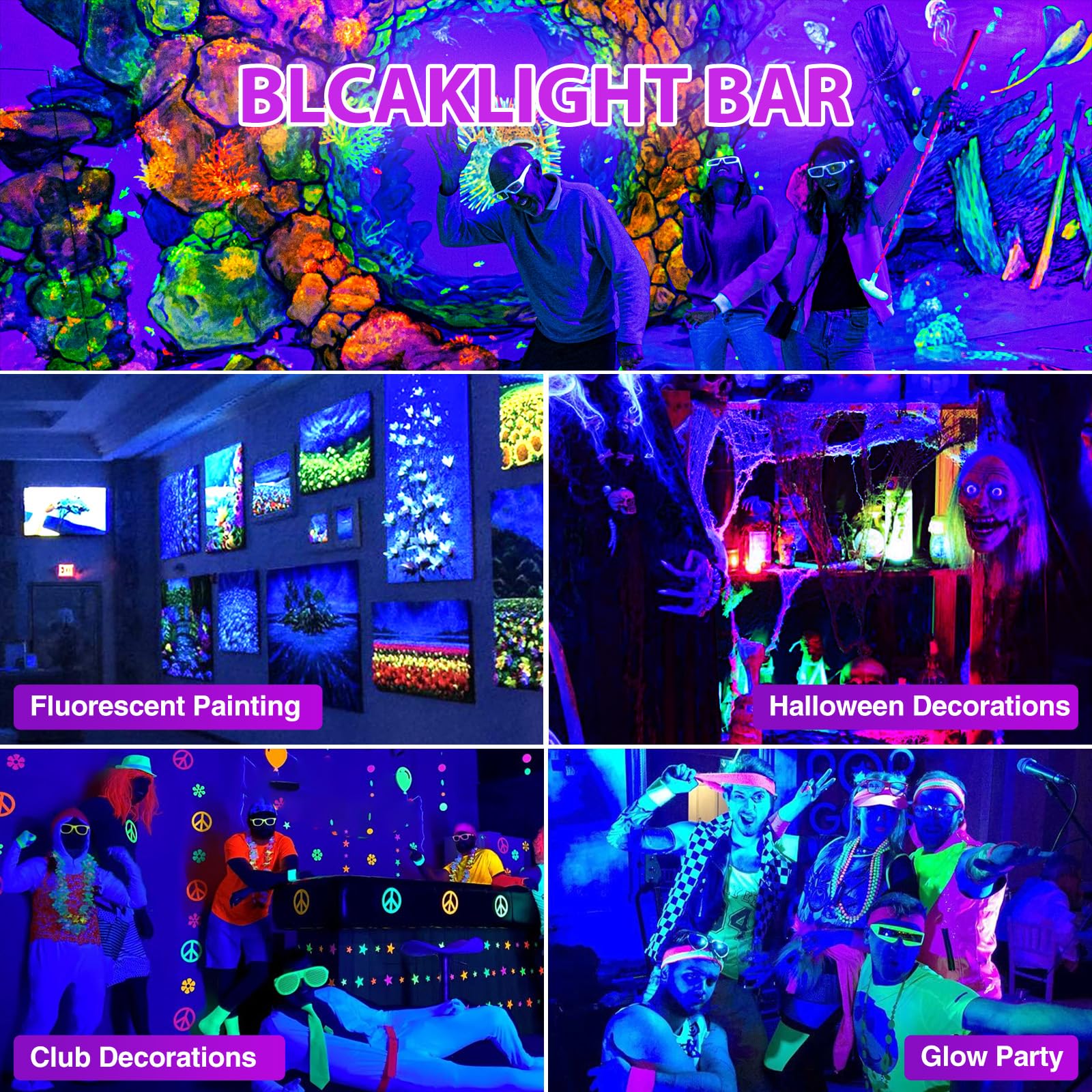 Meloght 45W Led Black Light Bar Black Lights For Glow Party Waterproof Blacklight With Plug & Switch  Halloween Light For Glow In The Dark Party Supplies Bedroom Body discomfort-reducingt Stage Lighting 4 Pack