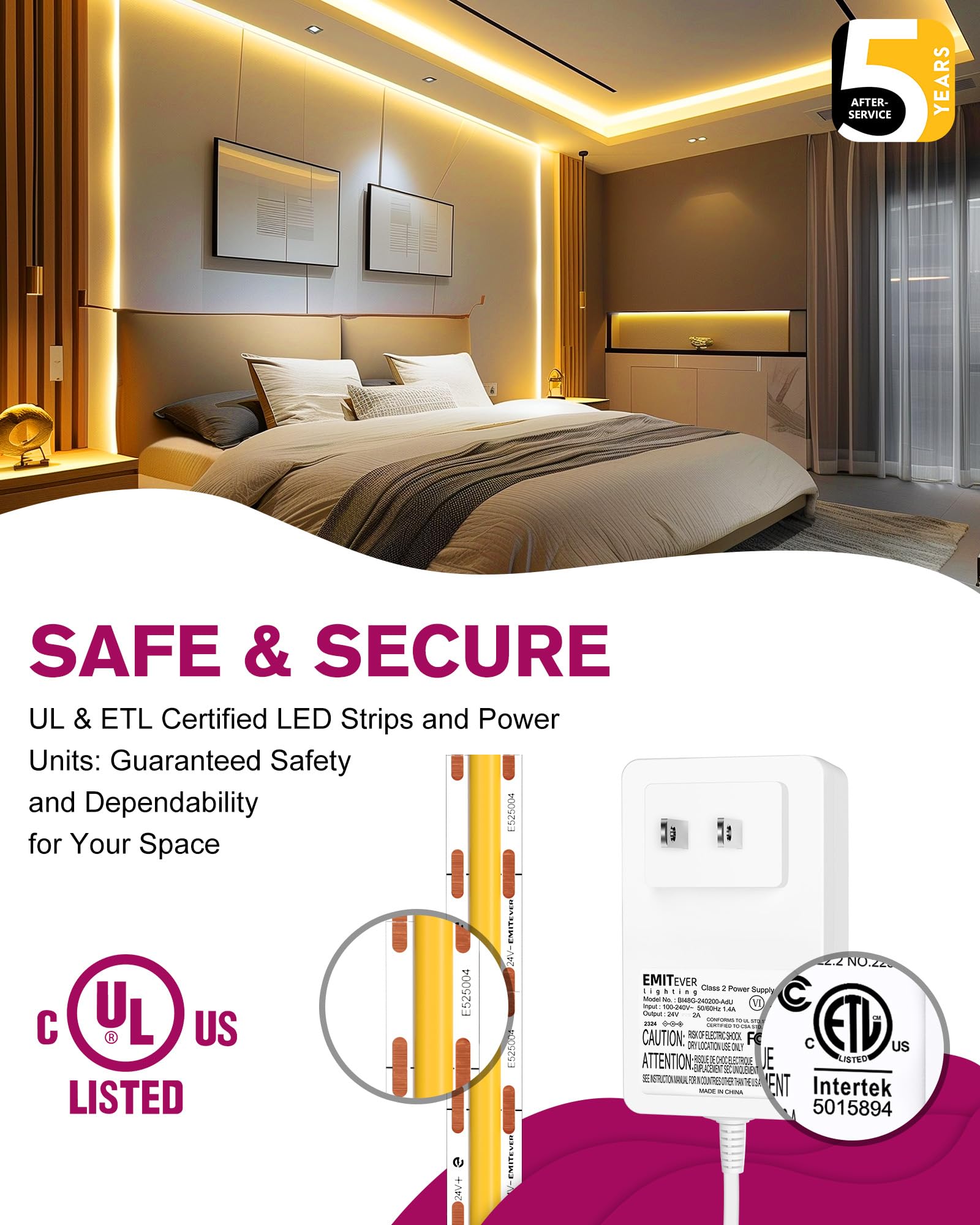 Emitever Cob Led Strip Lights Kit Warm White With Remote & 24V Power Supply,16.4Ft Dimmable Tape Light 3000K, High Density 2400L