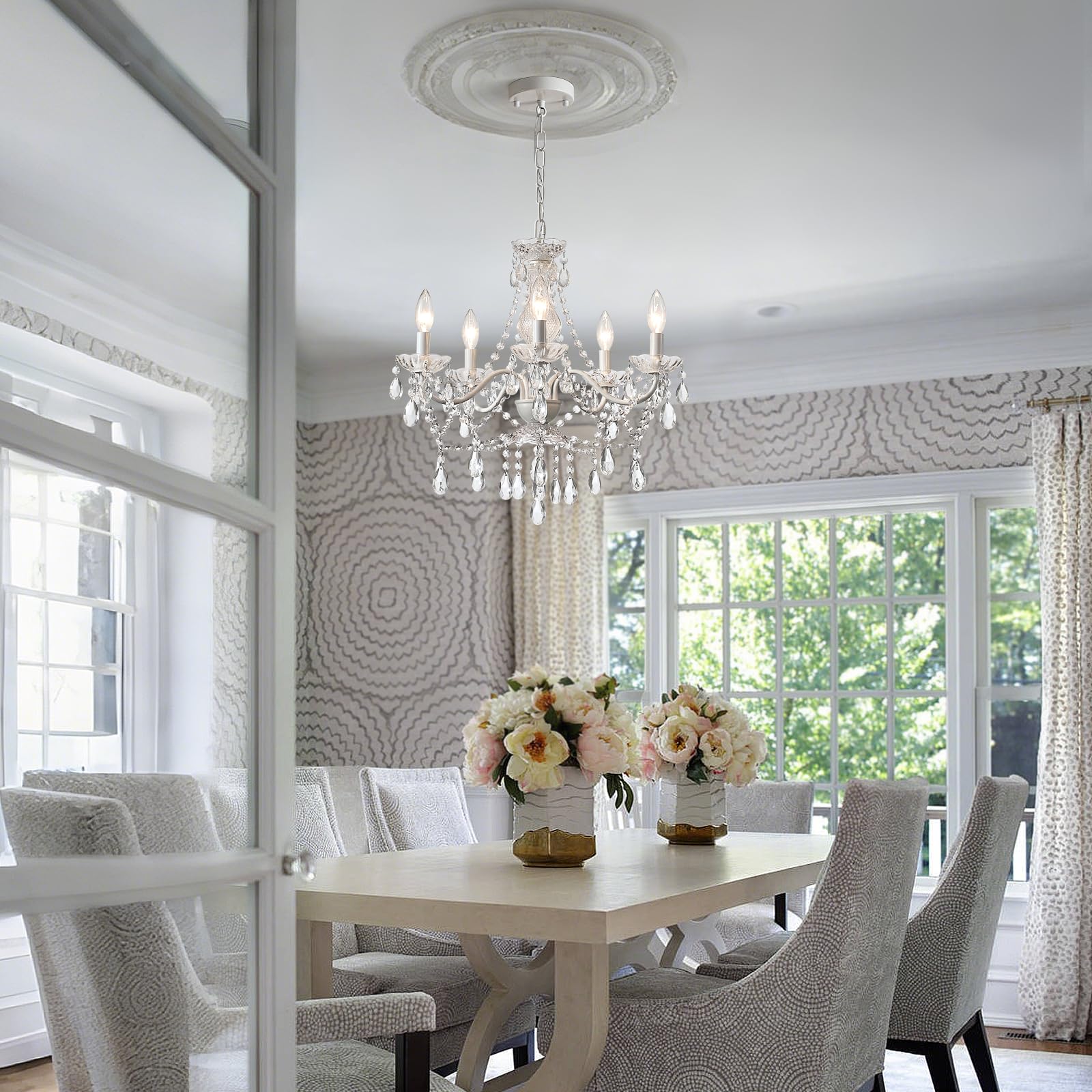 AMZASA Crystal White Chandelier, 5-Light Pendant Light, Ceramic & Crystal, L20.87"xW19.7"xH79.7", Not plug-in WH, Model AS902