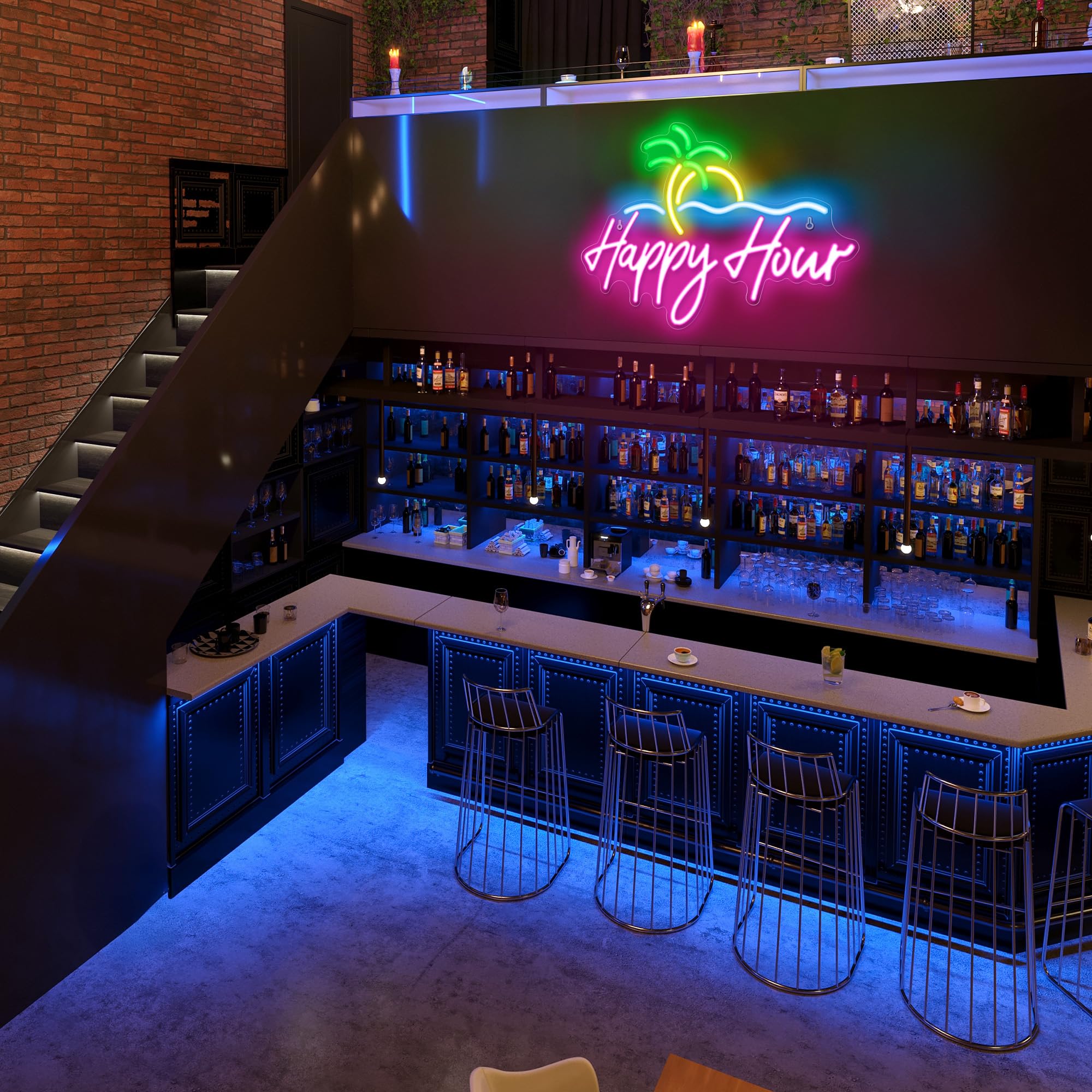 Kavaas Happy Hour Neon Sign 15.7 X 11.2  Palm Tree Neon Bar Signs For Home Bar Man Cave Club Pub Party - Best Gifts For Husband  Father  Birthday  Christmas