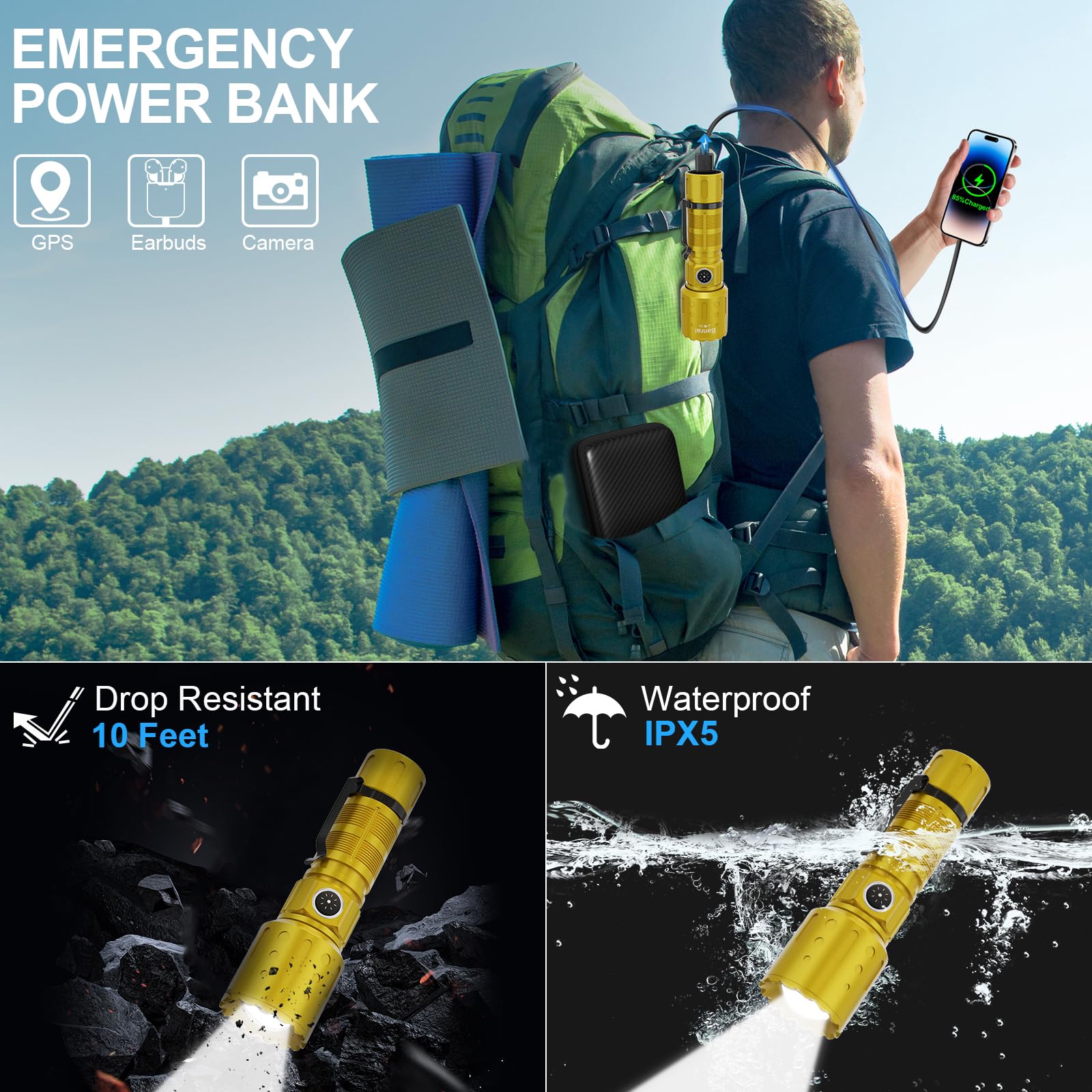 Banral High Lumens Rechargeable Flashlight, 1500m Range, 6 Modes, Waterproof, Aluminum, Yellow Gold, Model K-2316-B
