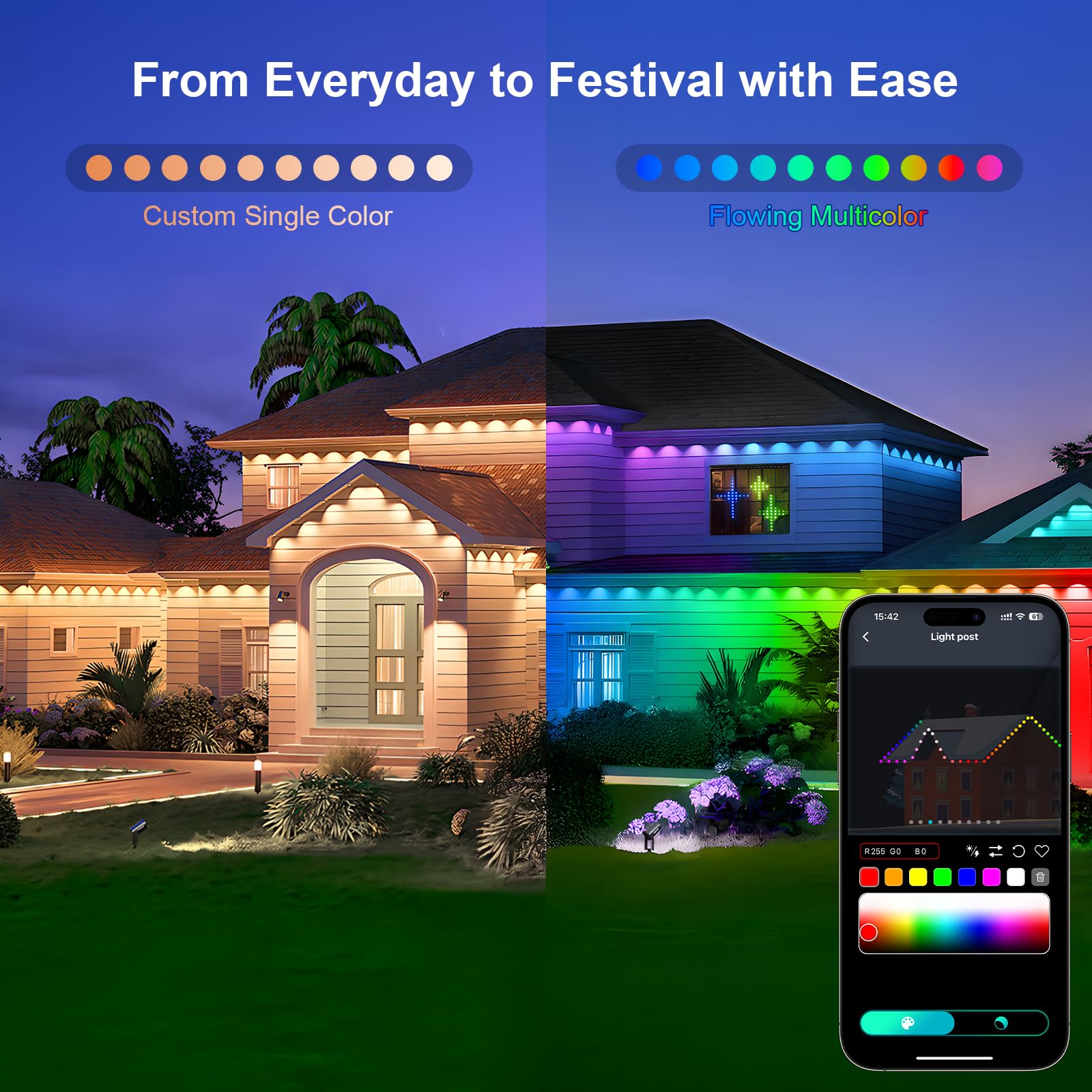 Super RGB Outdoor LED String Lights, 100FT, 60 LEDs, IP67 Waterproof, White & Colorful, Model JG-001W-10, Smart APP Control